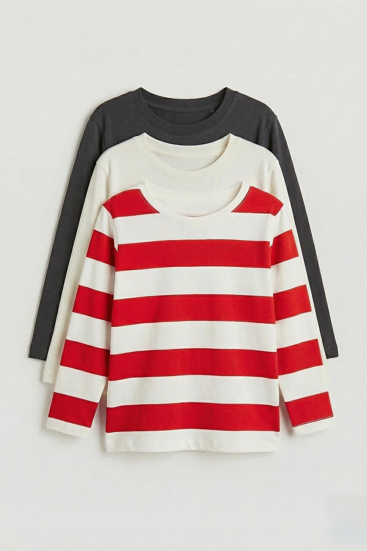 Unisex %100 Pamuk Uzun Kollu 3'lü Çocuk Sweatshirt Seti – Çizgili & Düz Basic