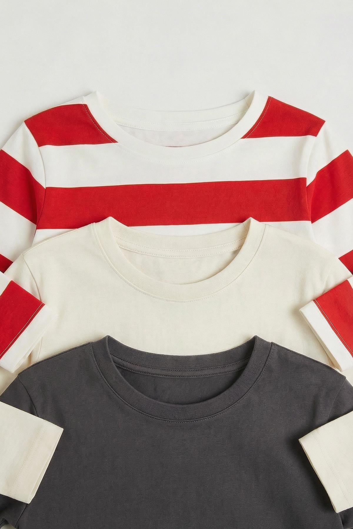 Unisex %100 Pamuk Uzun Kollu 3'lü Çocuk Sweatshirt Seti – Çizgili & Düz Basic