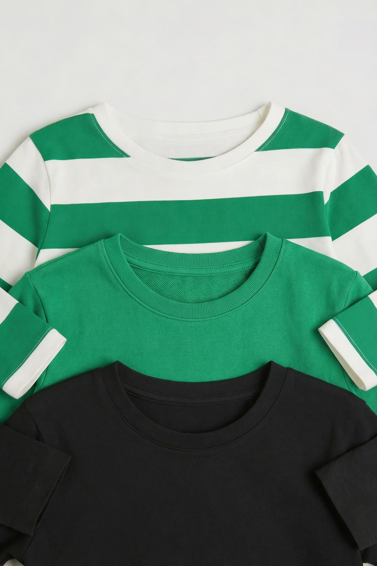 Unisex %100 Pamuk Uzun Kollu 3'lü Çocuk Sweatshirt Seti – Çizgili & Düz Basic