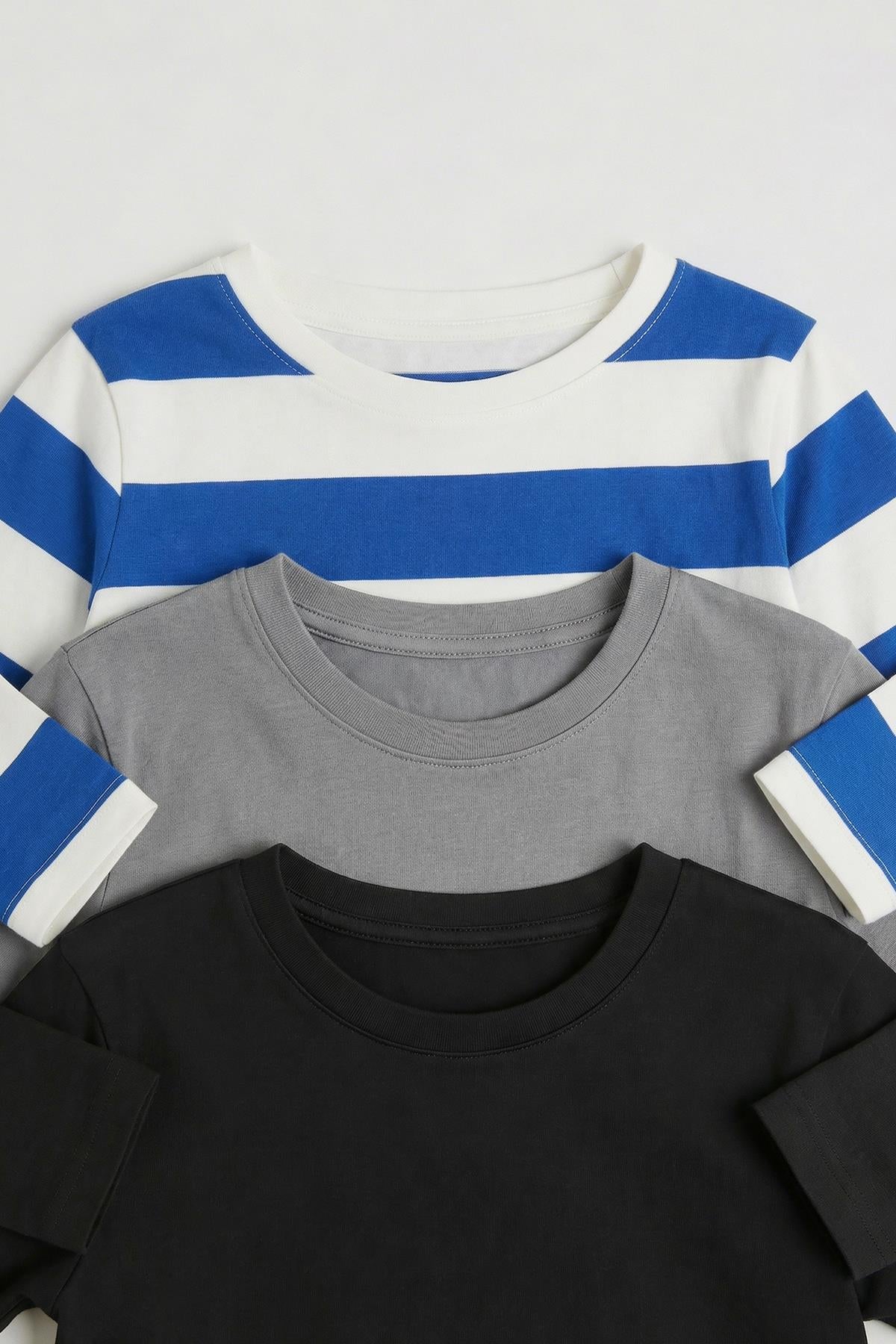 Unisex %100 Pamuk Uzun Kollu 3'lü Çocuk Sweatshirt Seti – Çizgili & Düz Basic