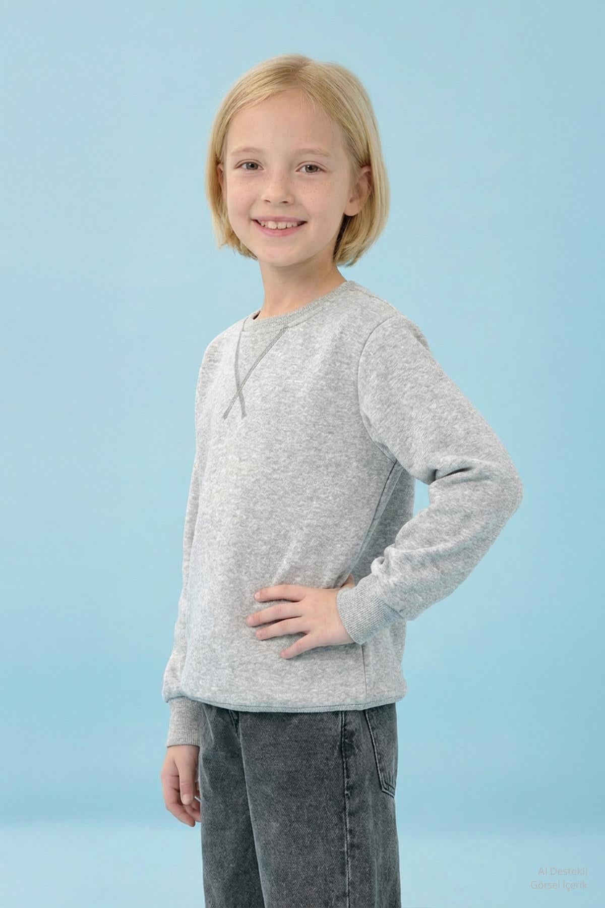 Unisex Basic Bisiklet Yaka Şardonlu Kışlık Sweatshirt
