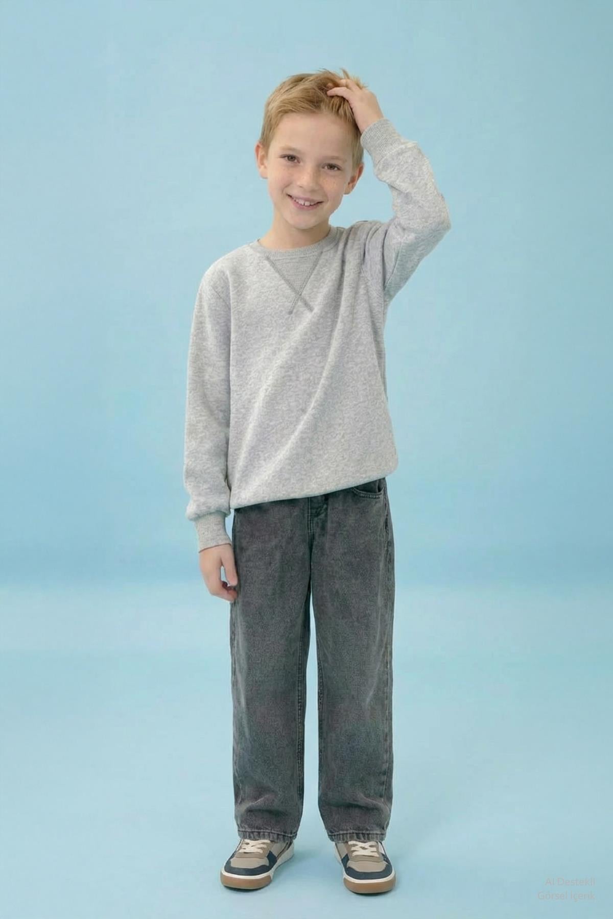 Unisex Basic Bisiklet Yaka Şardonlu Kışlık Sweatshirt