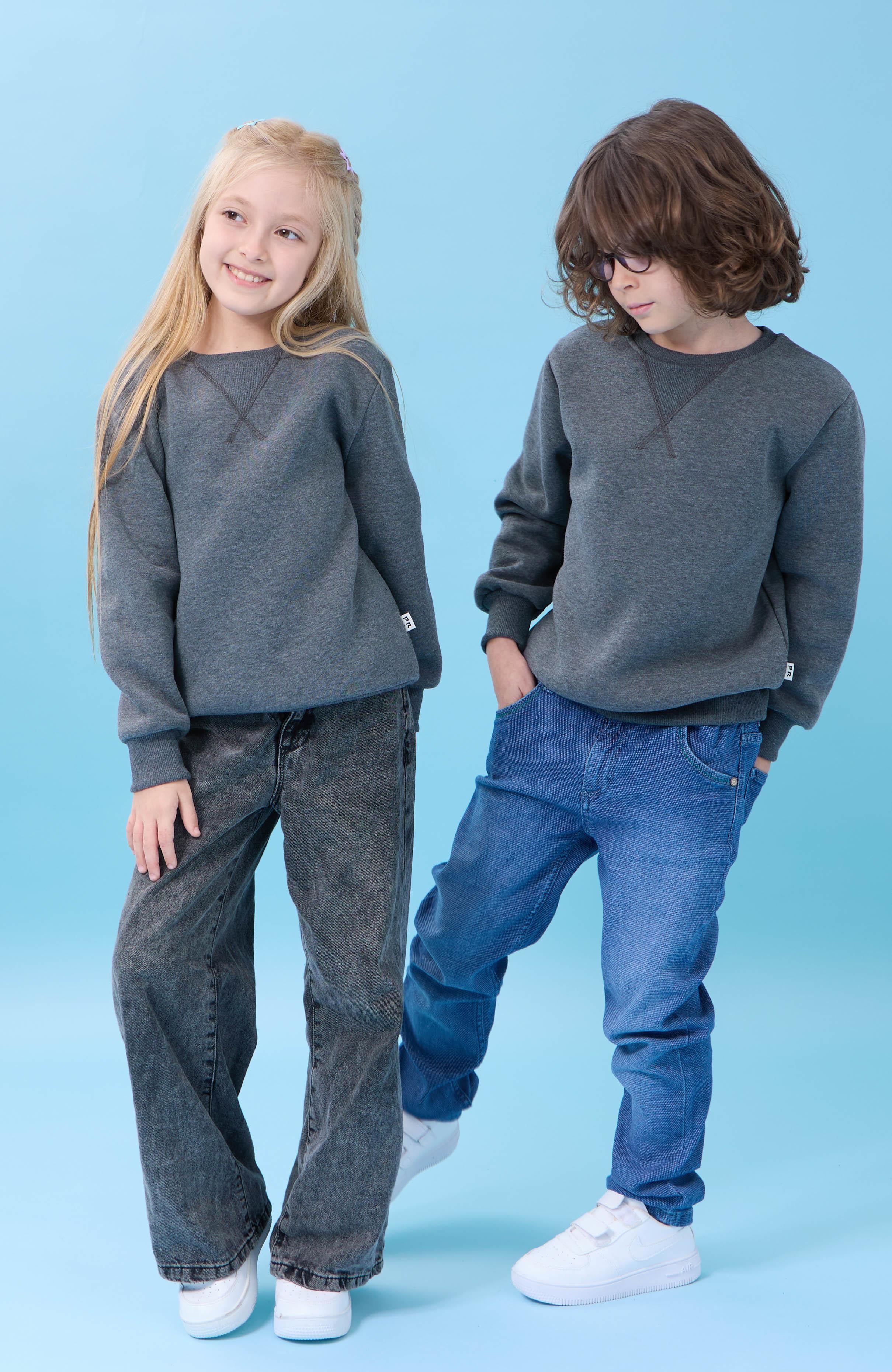 Unisex Basic Bisiklet Yaka Şardonlu Kışlık Sweatshirt - Antrasit