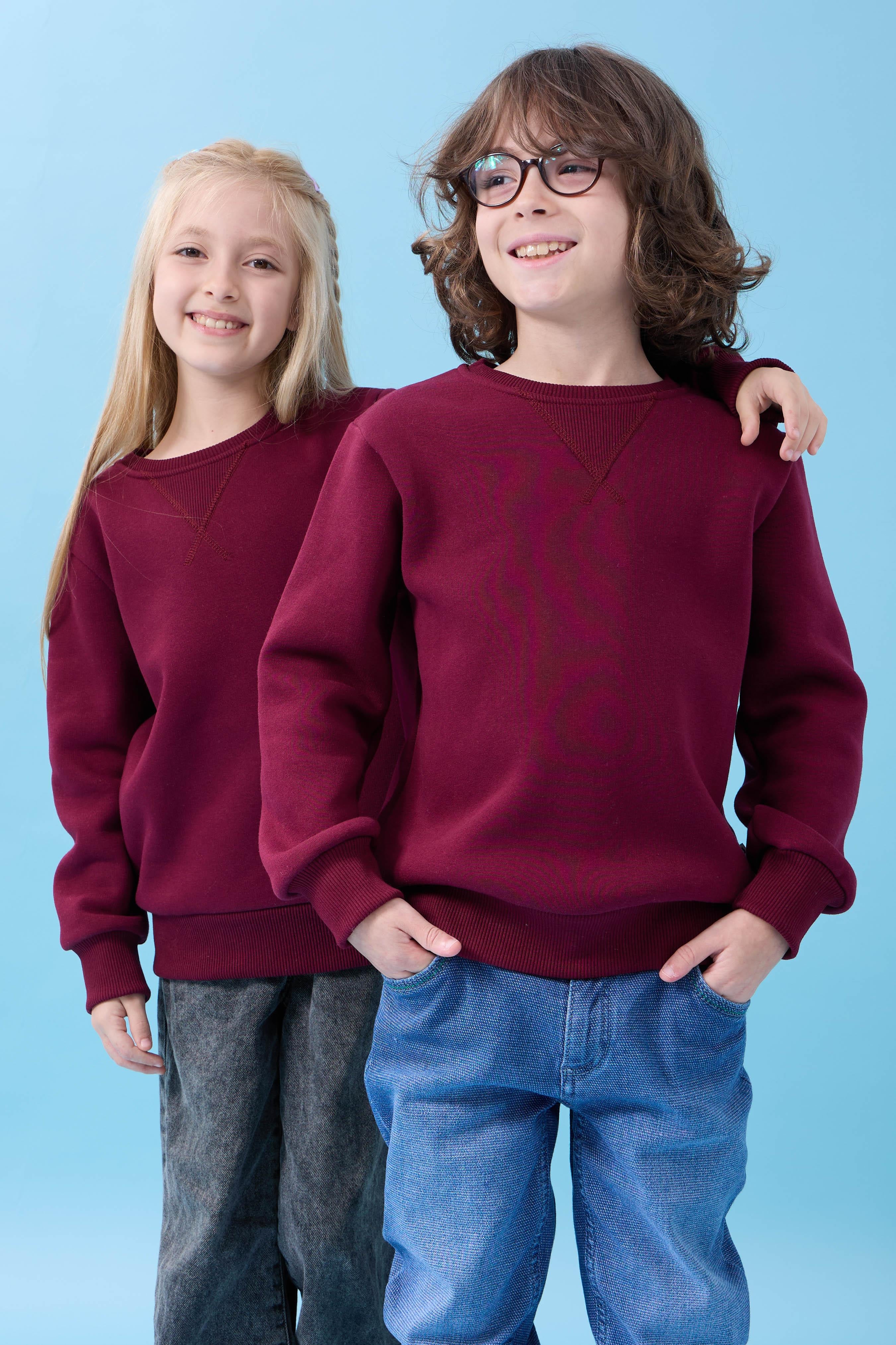 Unisex Basic Bisiklet Yaka Şardonlu Kışlık Sweatshirt - Bordo