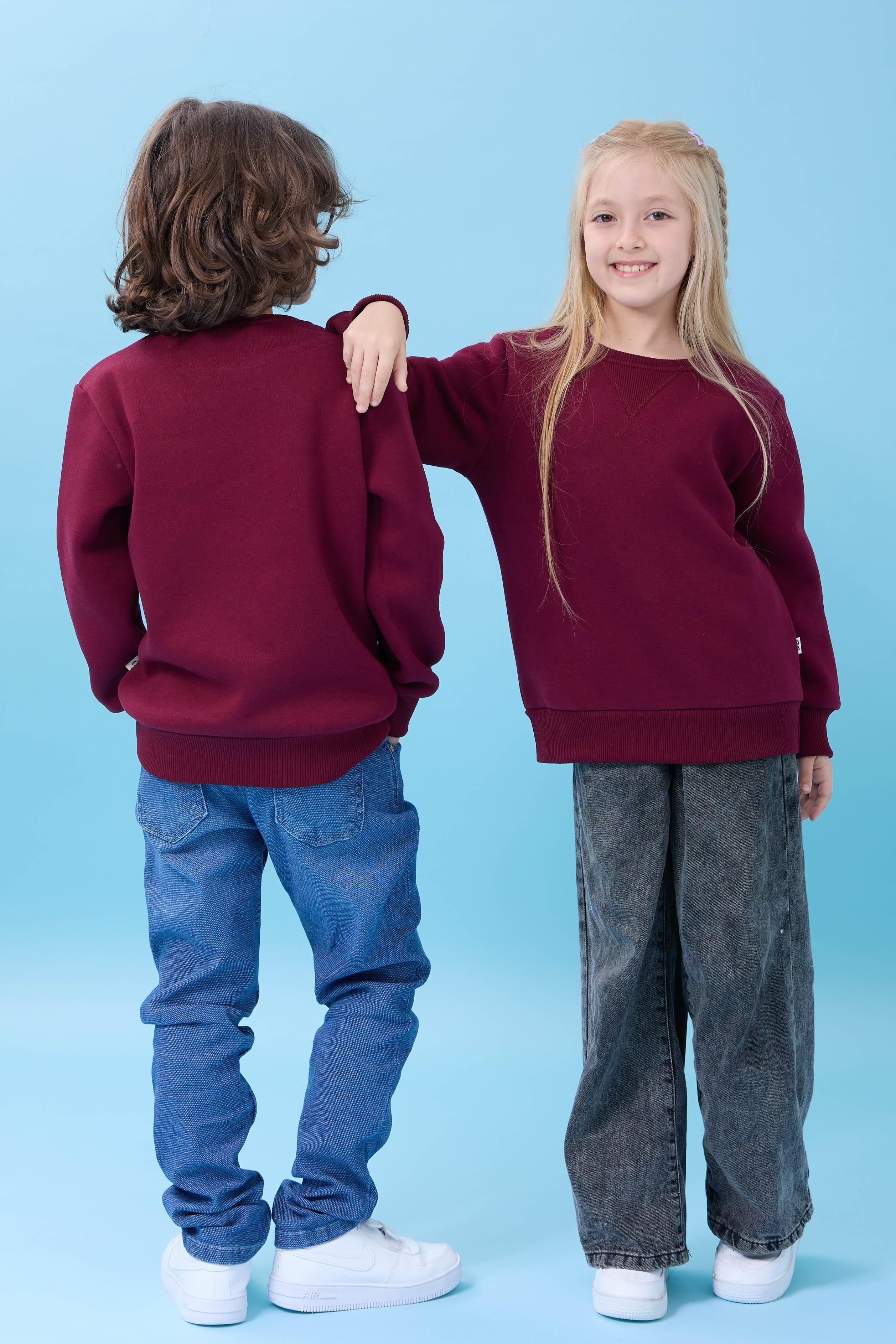 Unisex Basic Bisiklet Yaka Şardonlu Kışlık Sweatshirt - Bordo