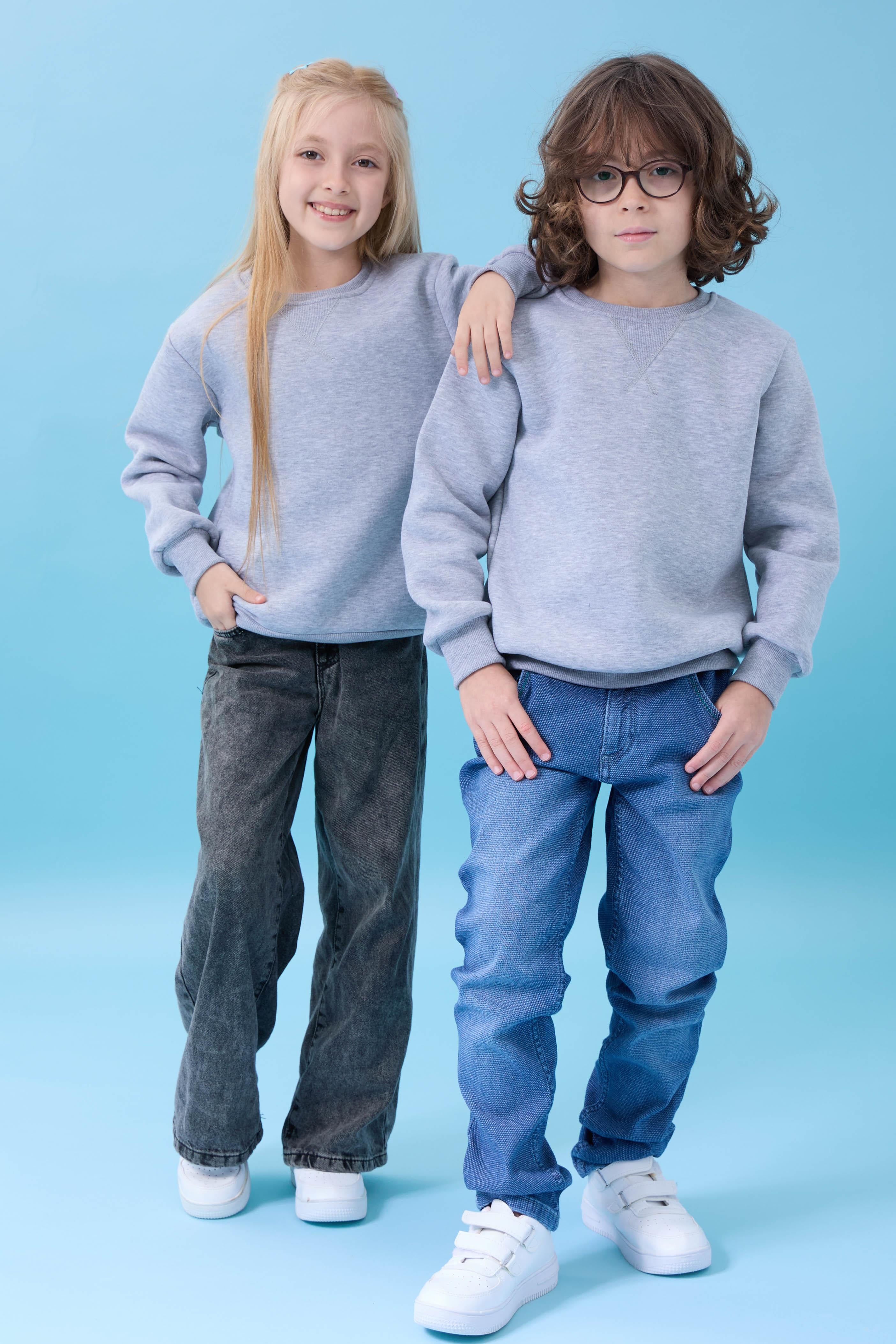 Unisex Basic Bisiklet Yaka Şardonlu Kışlık Sweatshirt - Gri