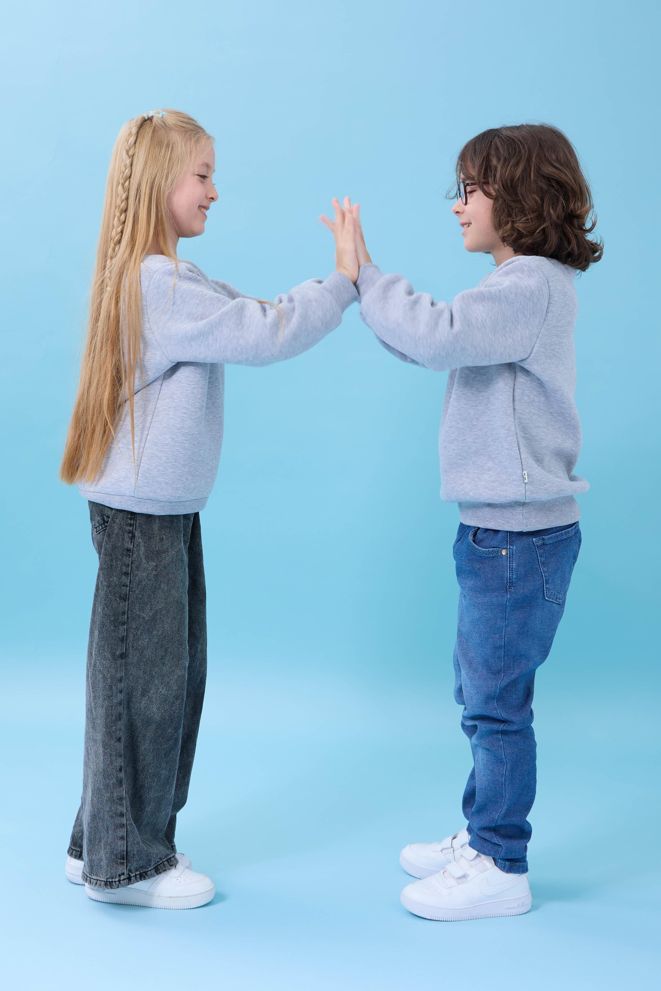 Unisex Basic Bisiklet Yaka Şardonlu Kışlık Sweatshirt - Gri
