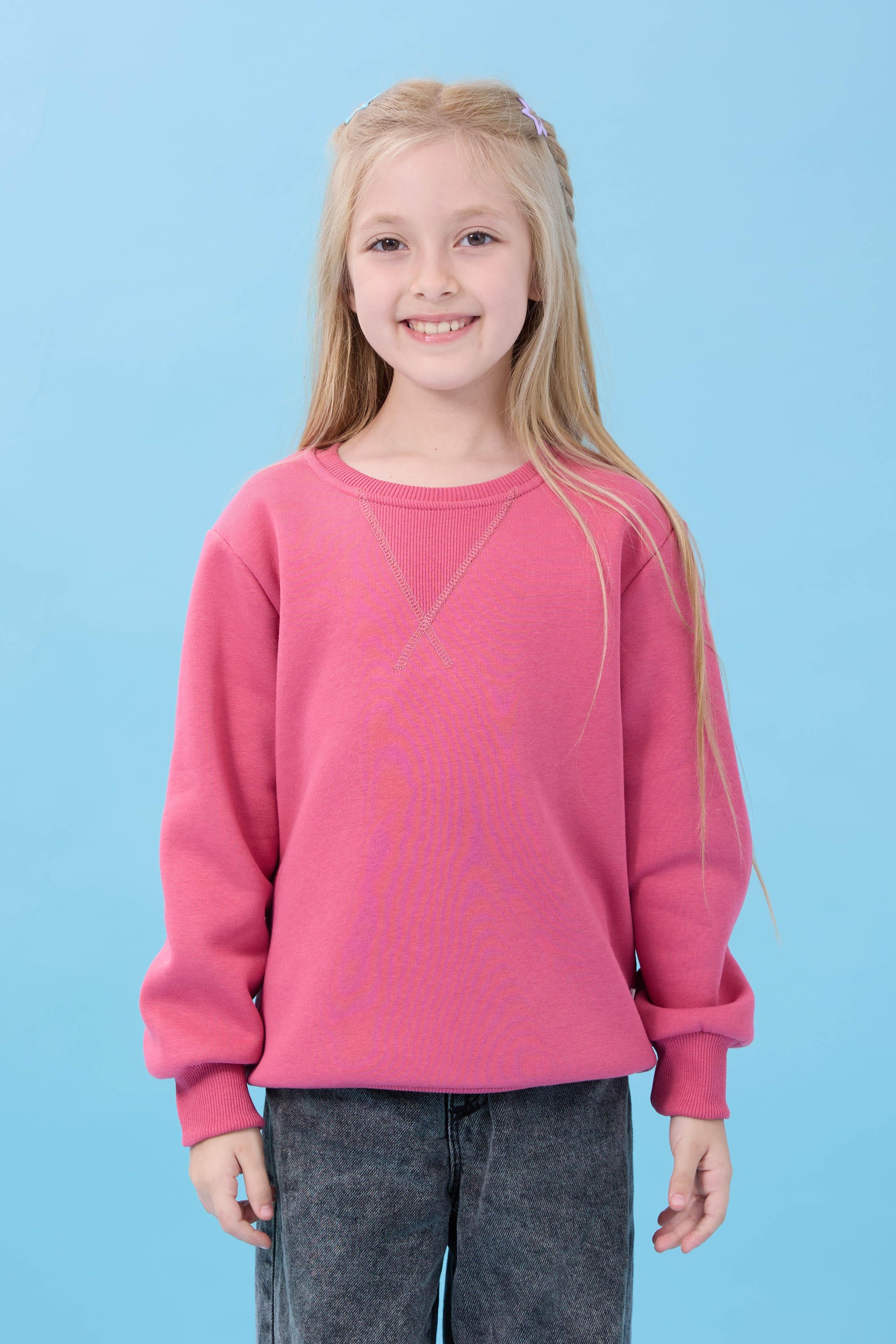 Unisex Basic Bisiklet Yaka Şardonlu Kışlık Sweatshirt - Gül Kurusu