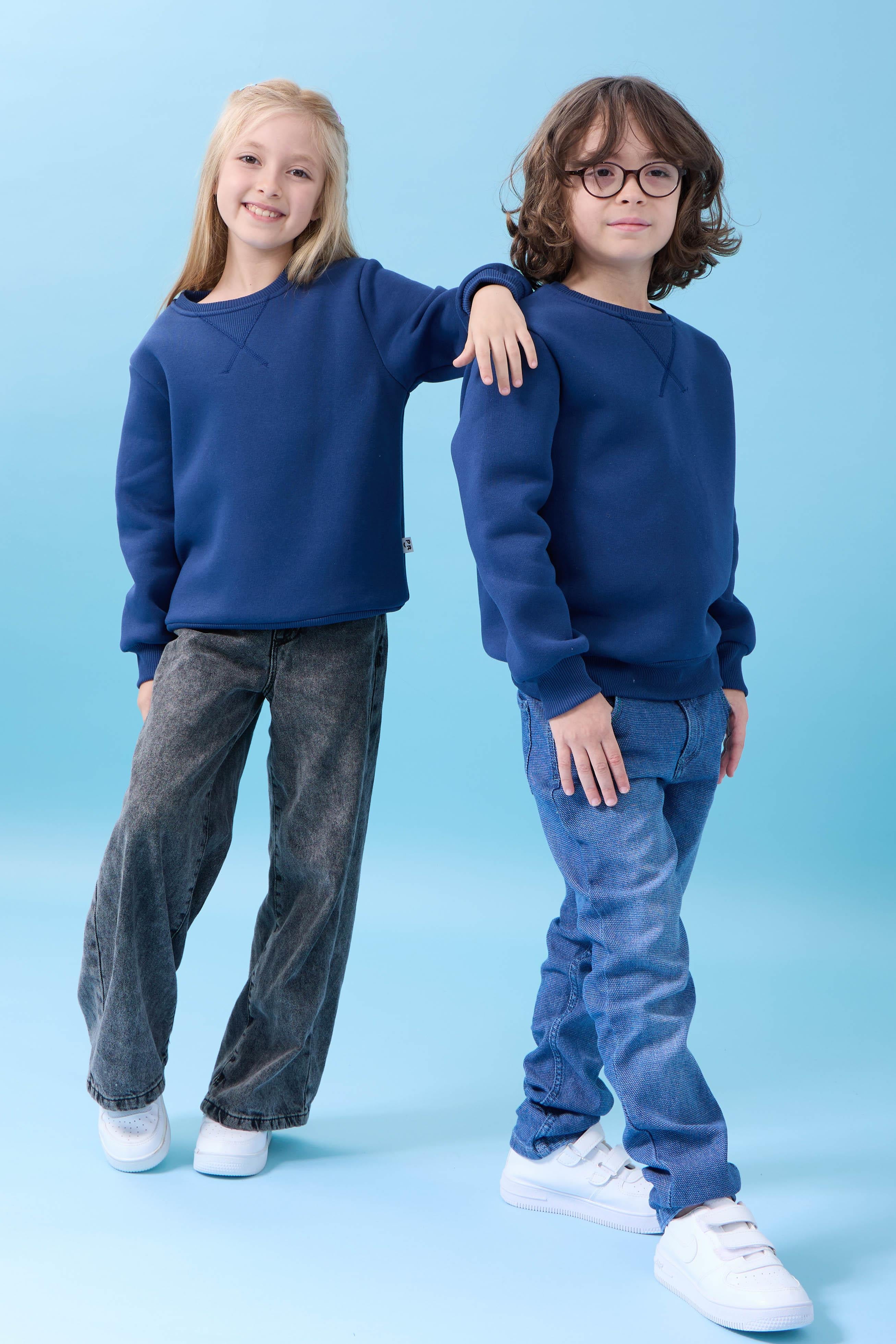 Unisex Basic Bisiklet Yaka Şardonlu Kışlık Sweatshirt - İndigo