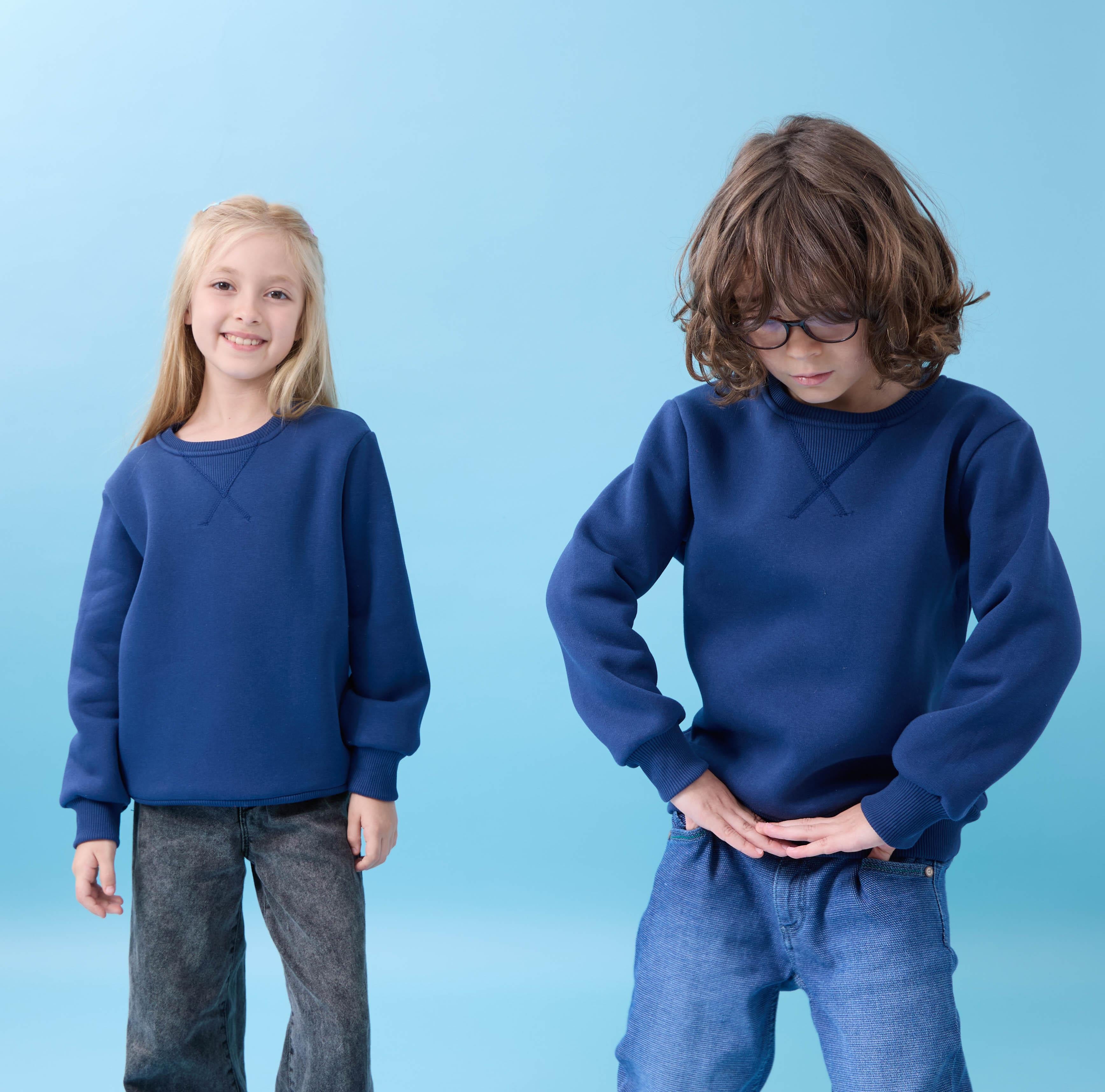 Unisex Basic Bisiklet Yaka Şardonlu Kışlık Sweatshirt - İndigo