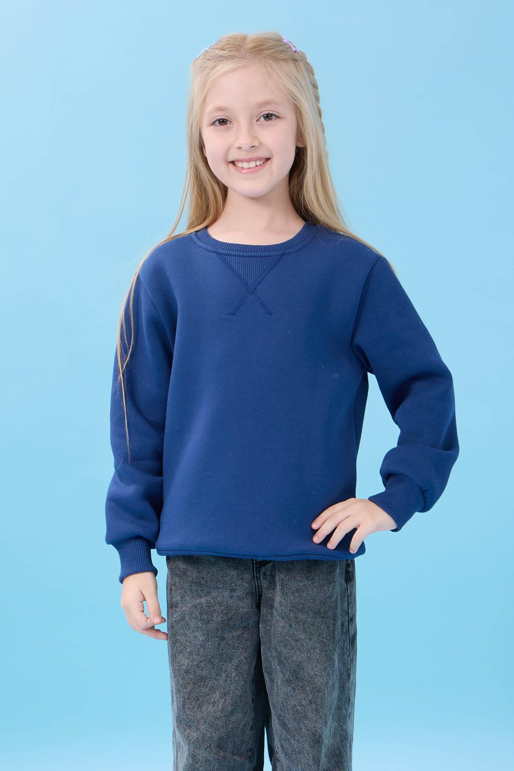Unisex Basic Bisiklet Yaka Şardonlu Kışlık Sweatshirt - İndigo