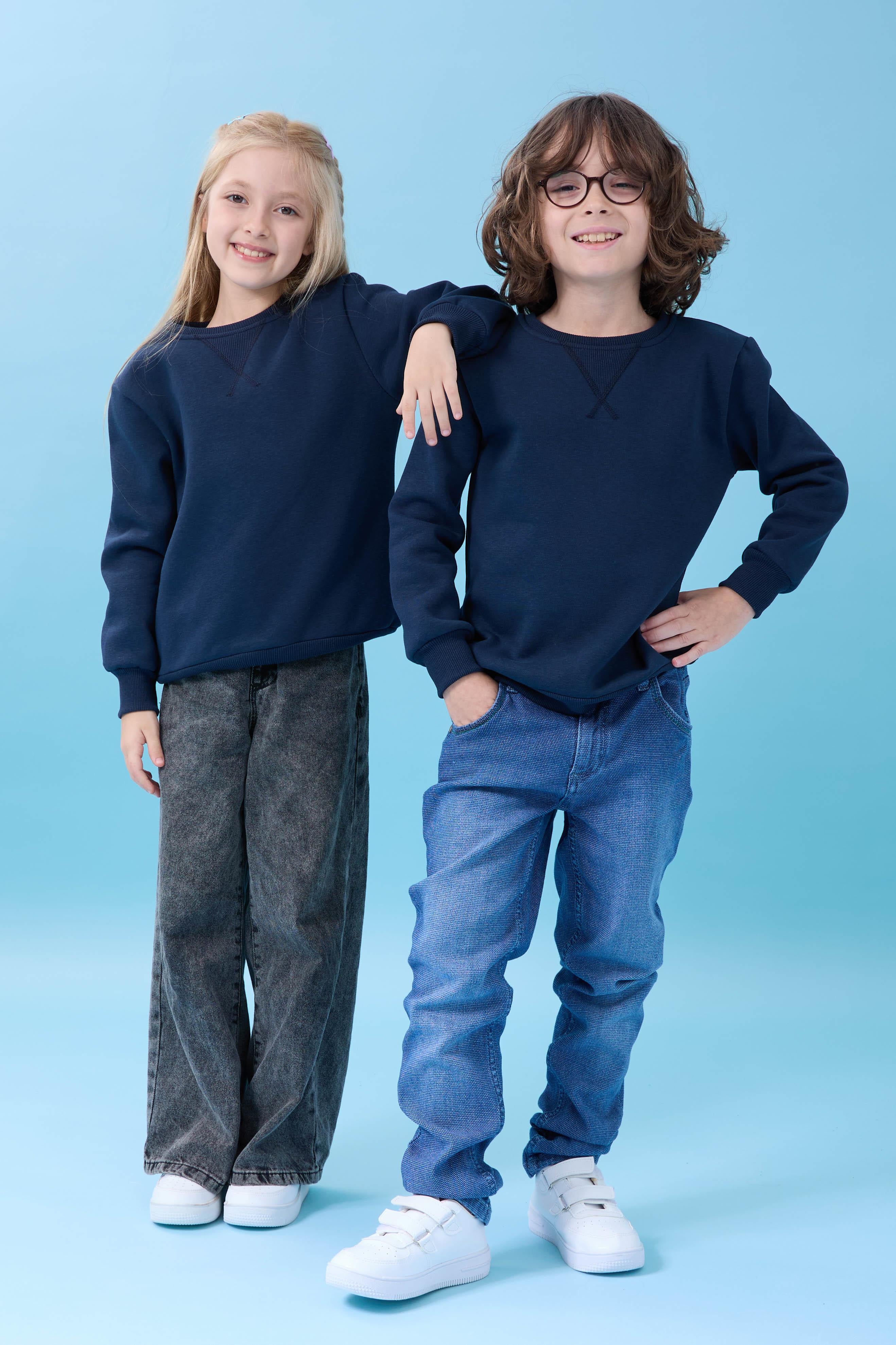 Unisex Basic Bisiklet Yaka Şardonlu Kışlık Sweatshirt - Lacivert