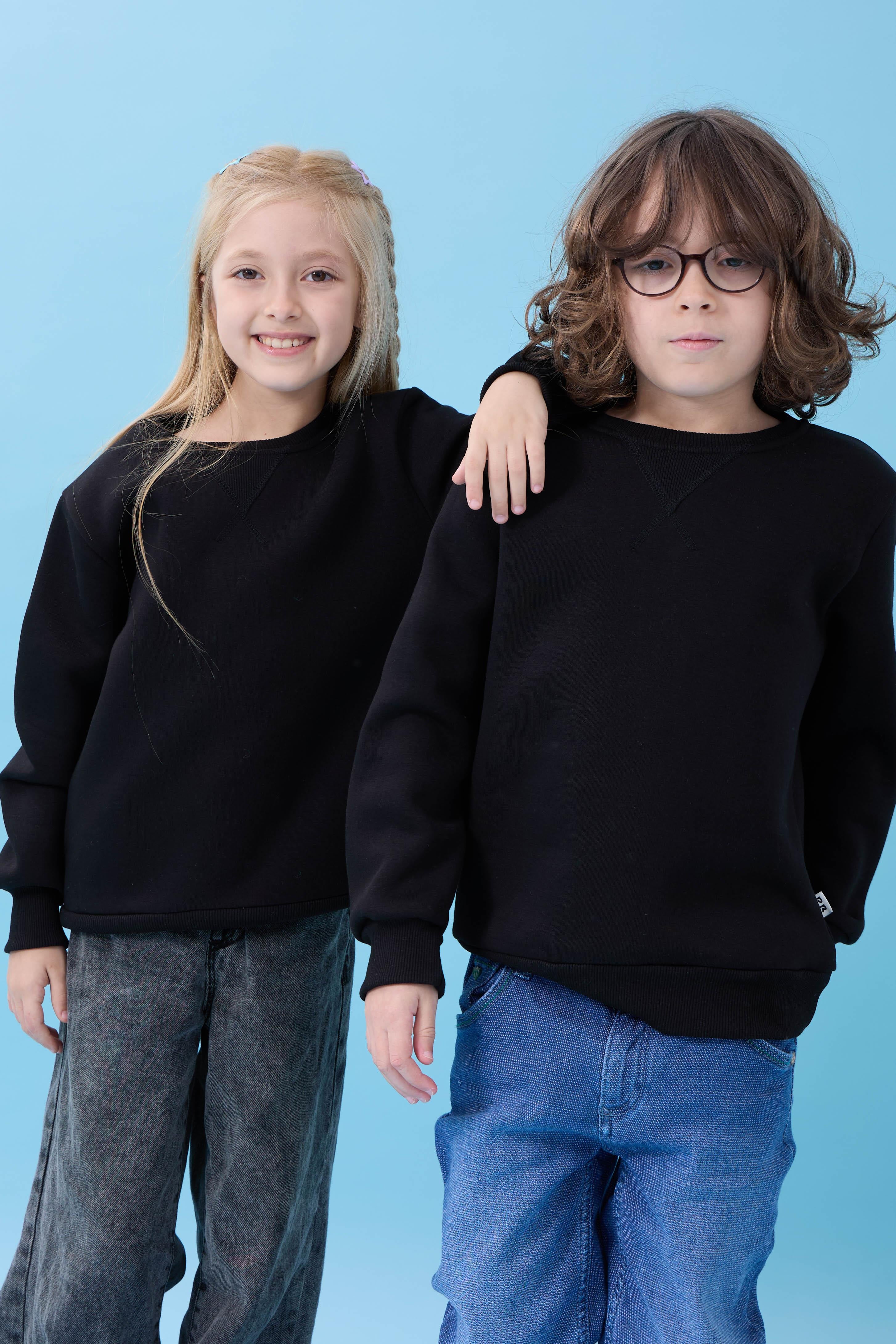 Unisex Basic Bisiklet Yaka Şardonlu Kışlık Sweatshirt - Siyah