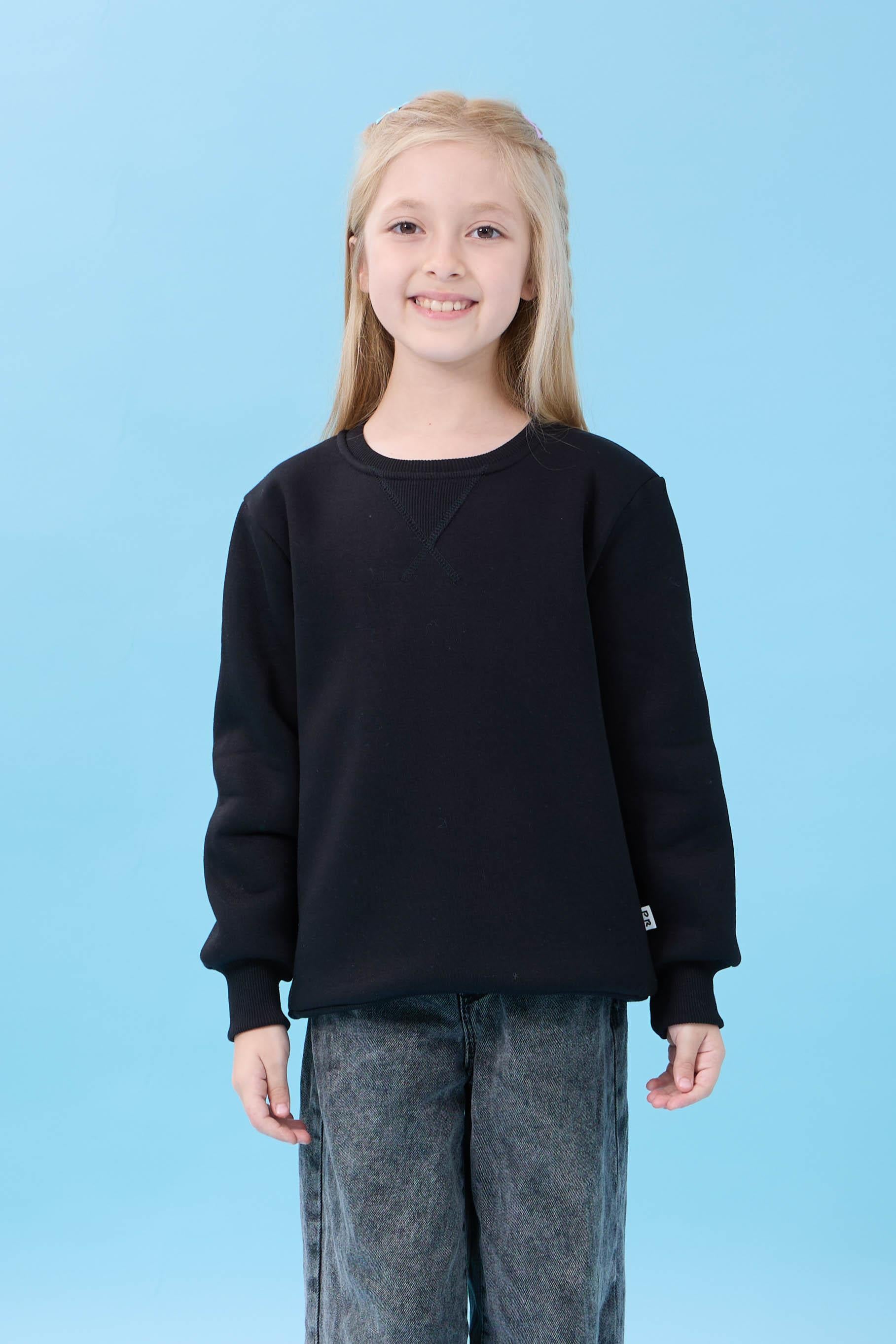 Unisex Basic Bisiklet Yaka Şardonlu Kışlık Sweatshirt - Siyah