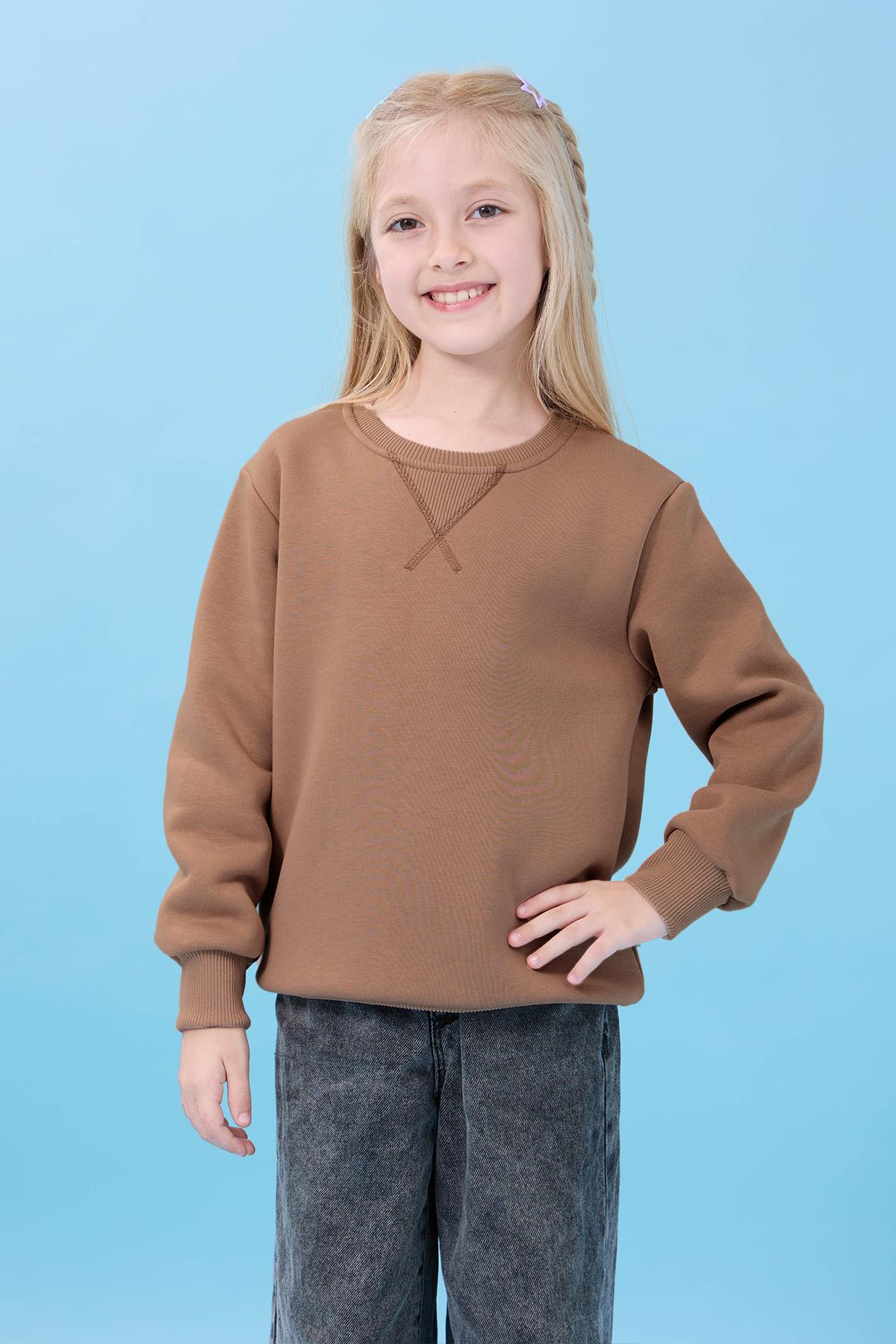 Unisex Basic Bisiklet Yaka Şardonlu Kışlık Sweatshirt - Sütlü Kahve