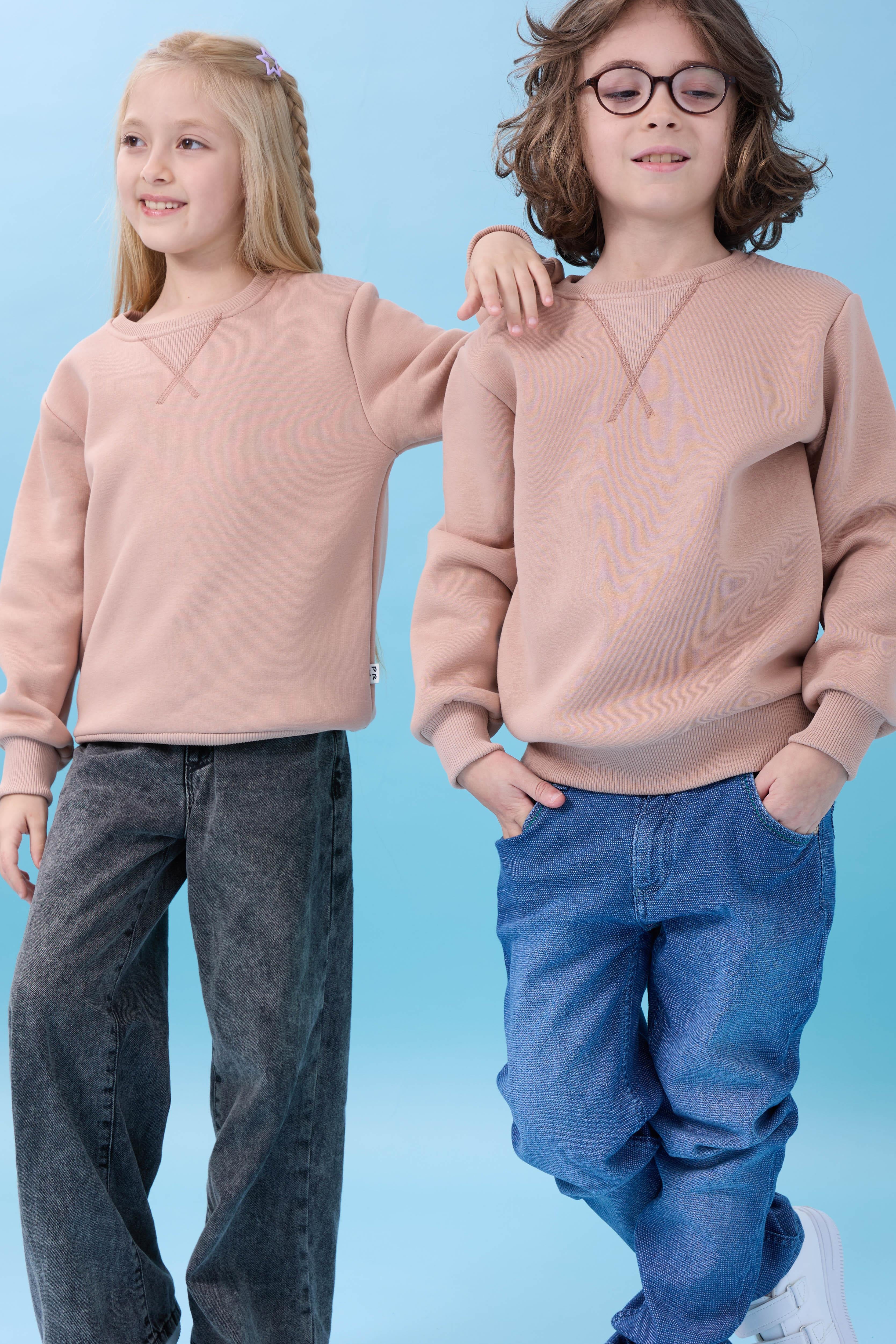 Unisex Basic Bisiklet Yaka Şardonlu Kışlık Sweatshirt - Toprak