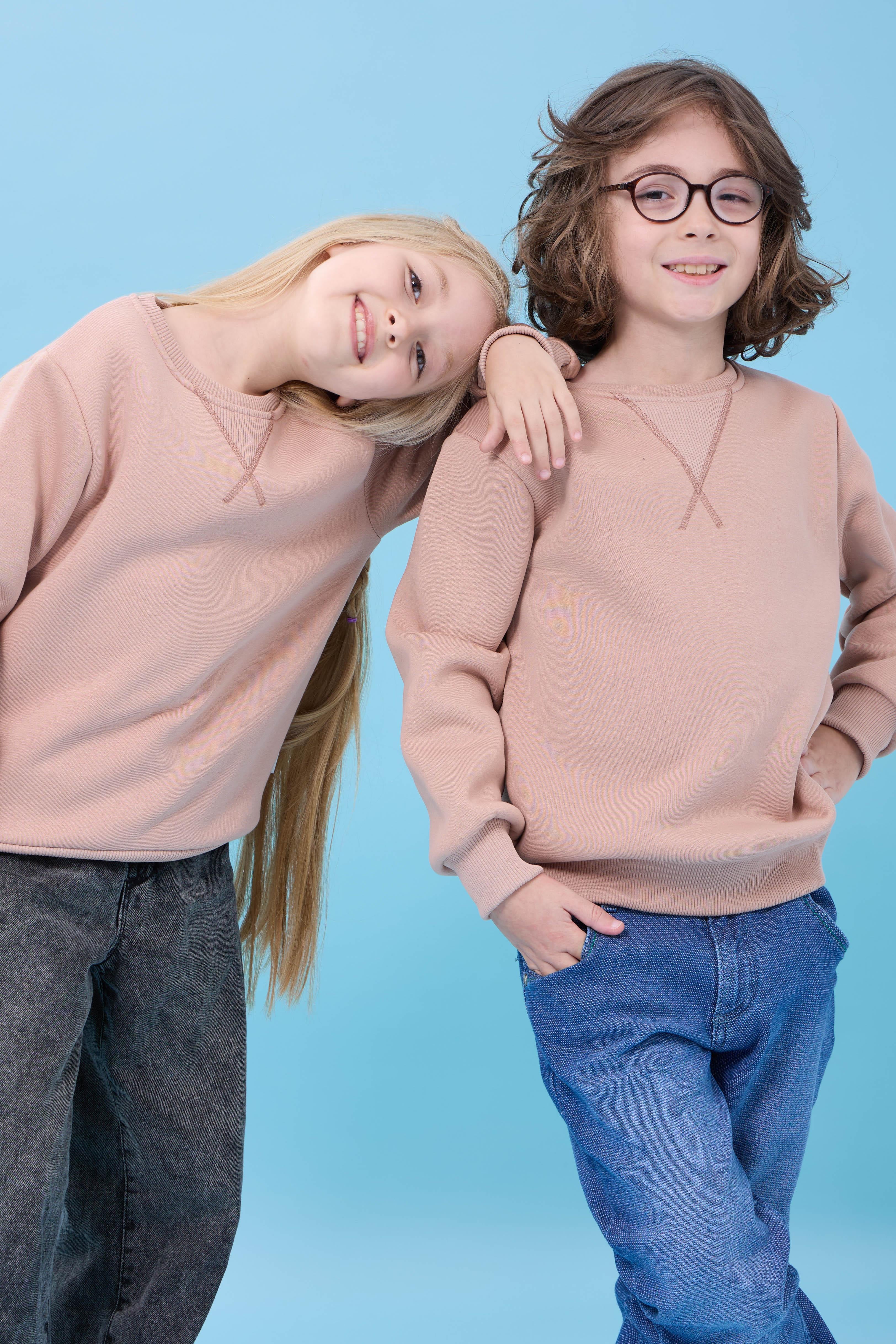 Unisex Basic Bisiklet Yaka Şardonlu Kışlık Sweatshirt - Toprak