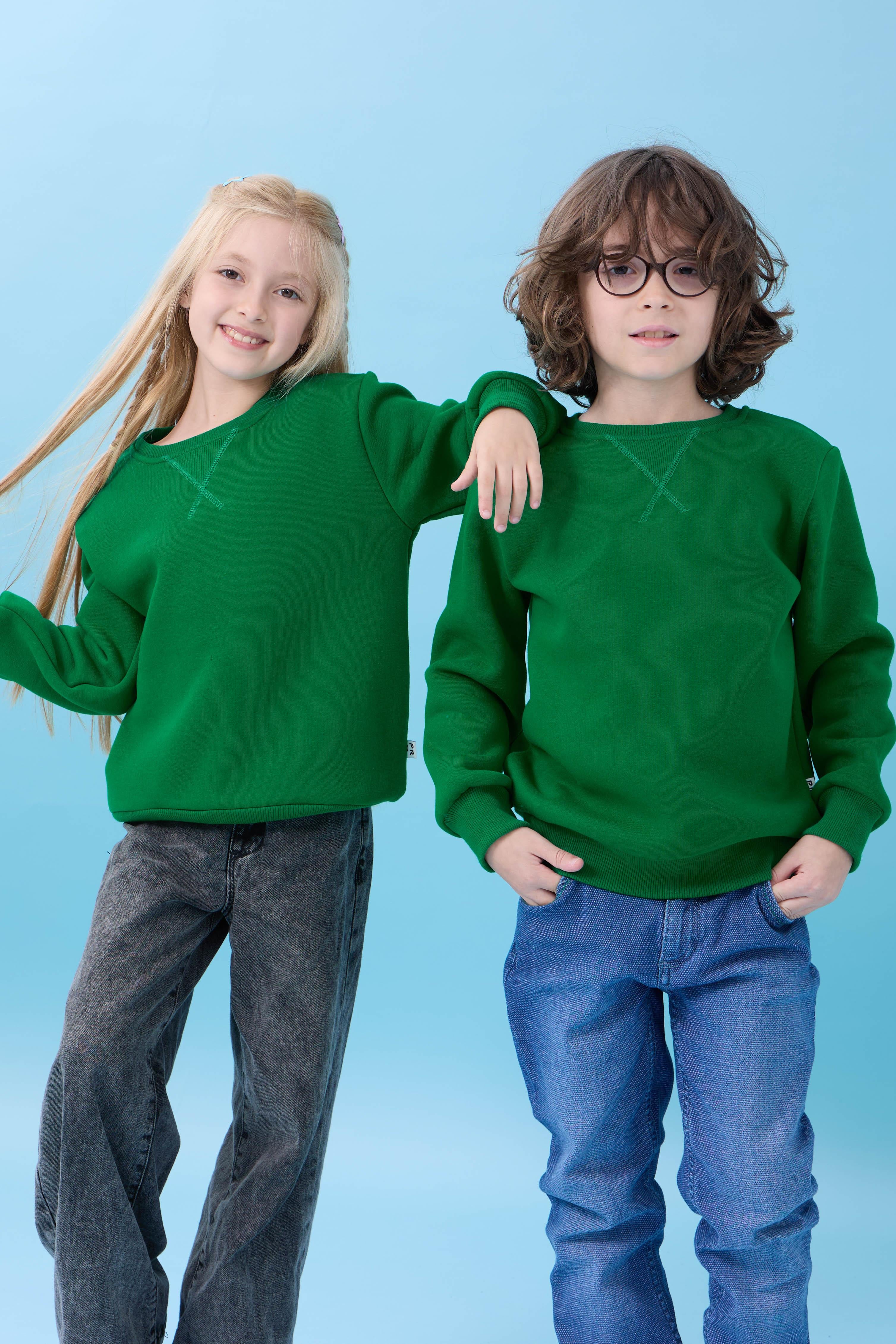 Unisex Basic Bisiklet Yaka Şardonlu Kışlık Sweatshirt - Yeşil