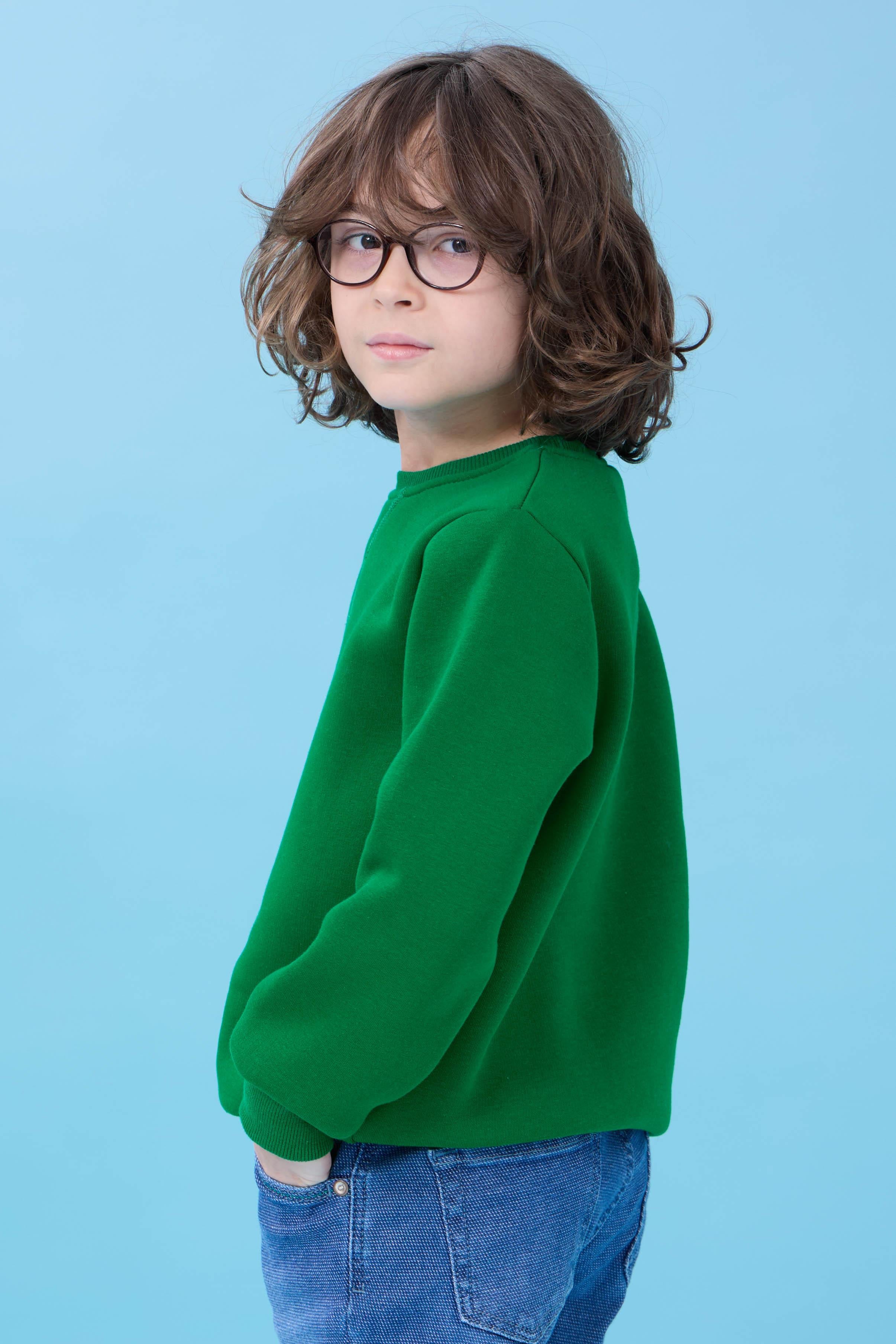 Unisex Basic Bisiklet Yaka Şardonlu Kışlık Sweatshirt - Yeşil