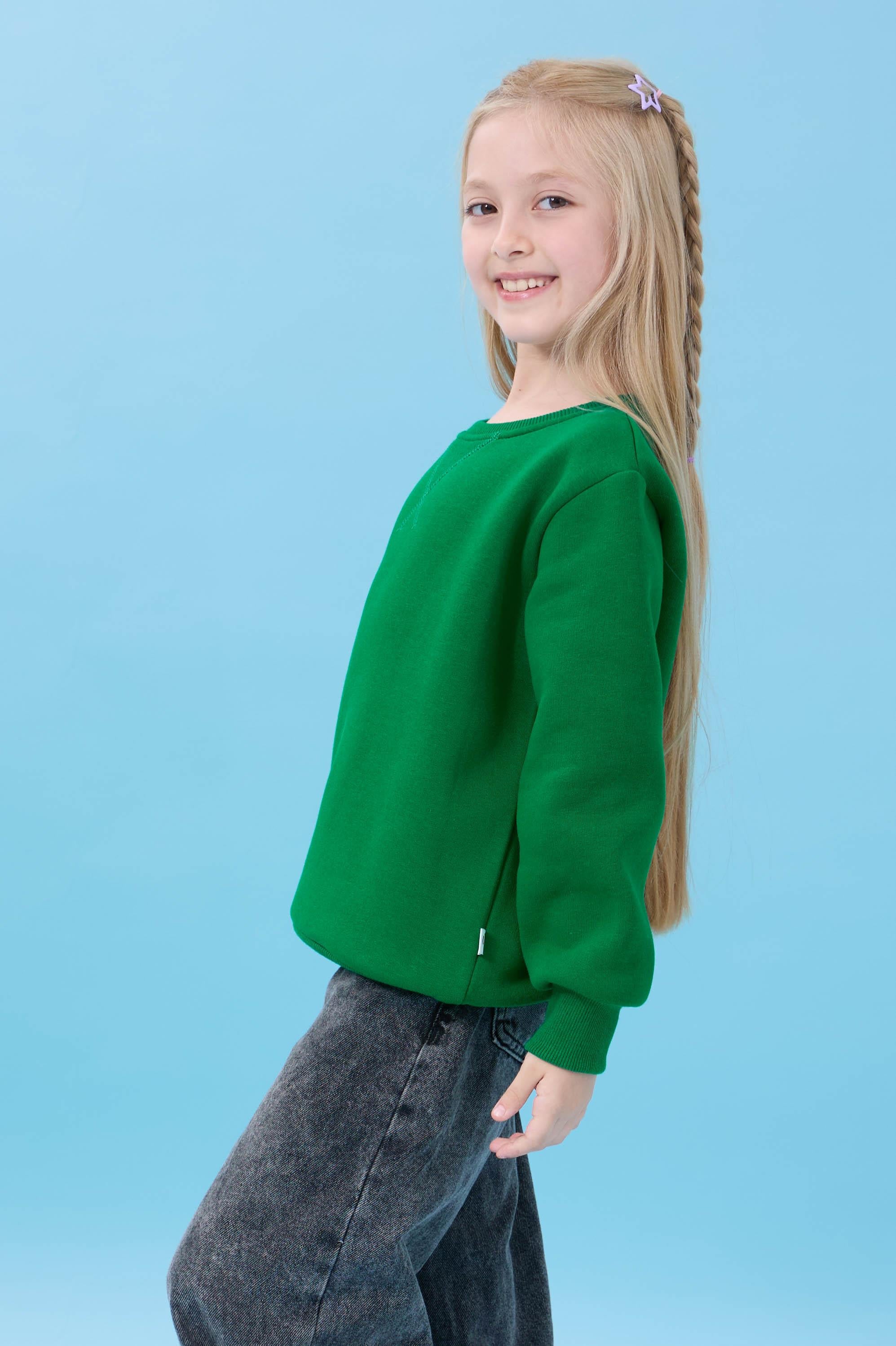Unisex Basic Bisiklet Yaka Şardonlu Kışlık Sweatshirt - Yeşil