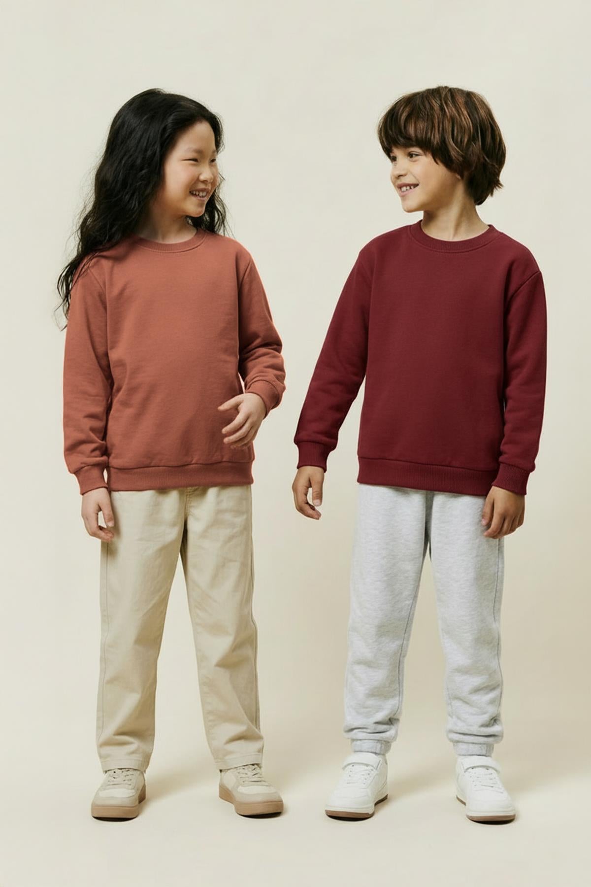 Unisex Çocuk 2'li Basic Bisiklet Yaka Sweatshirt Seti – Bordo & Kiremit