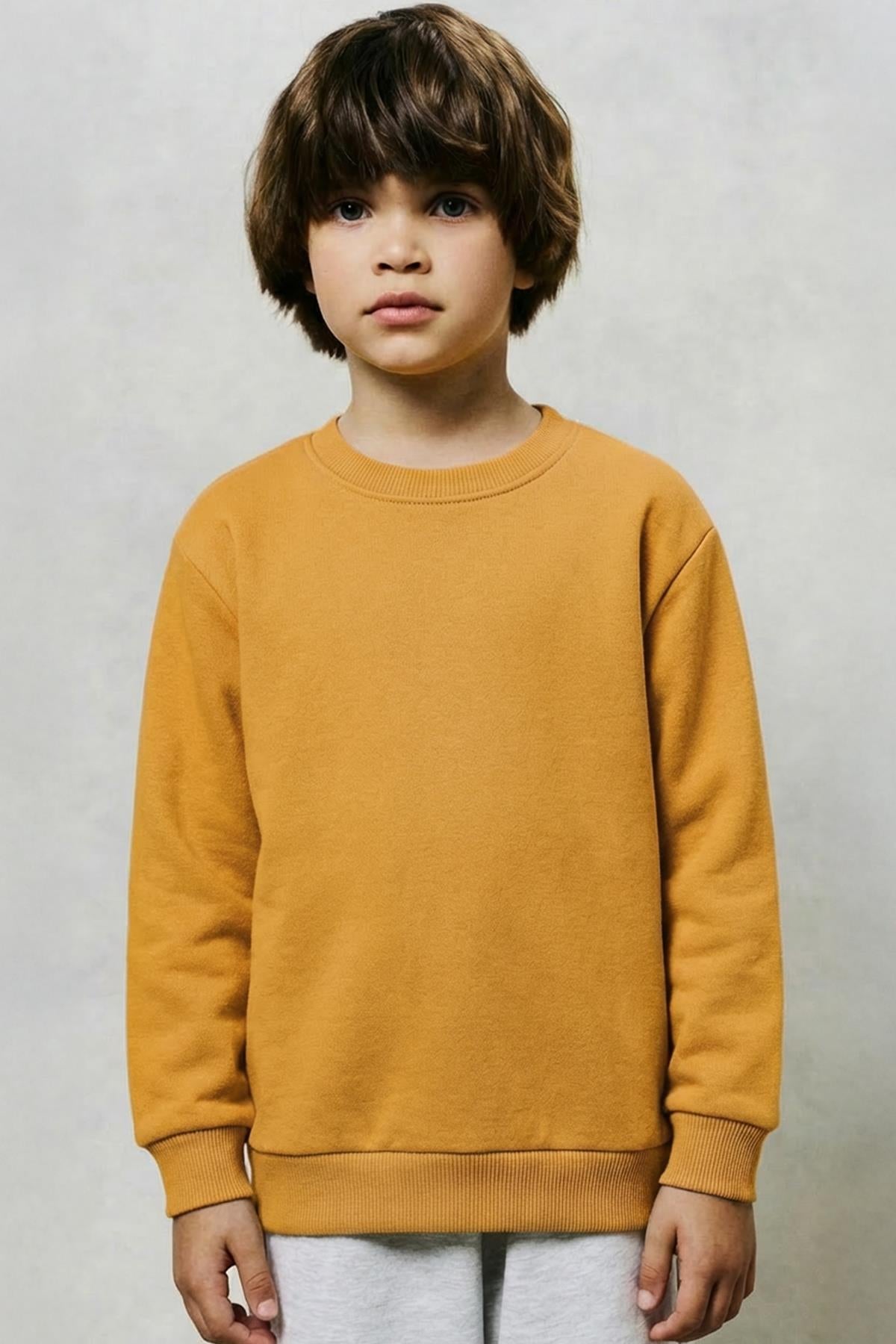 Unisex Çocuk 2'li Basic Bisiklet Yaka Sweatshirt Seti – Hardal & Turuncu