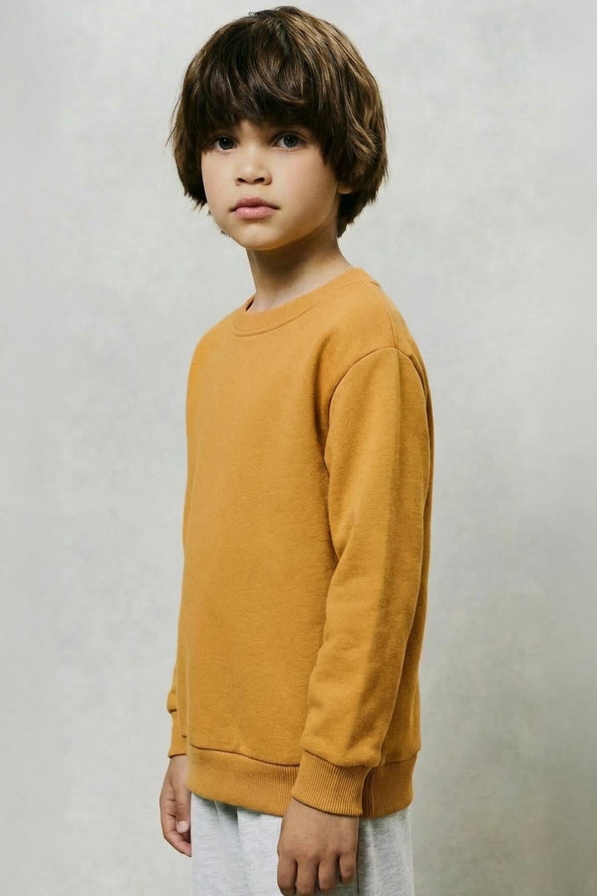 Unisex Çocuk 2'li Basic Bisiklet Yaka Sweatshirt Seti – Hardal & Turuncu