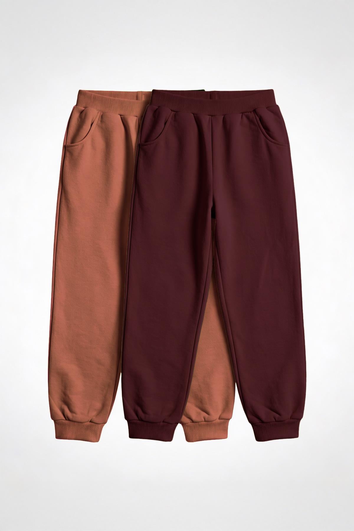 Unisex Çocuk Basic Jogger Eşofman Altı 2’li Set – Bordo & Kiremit
