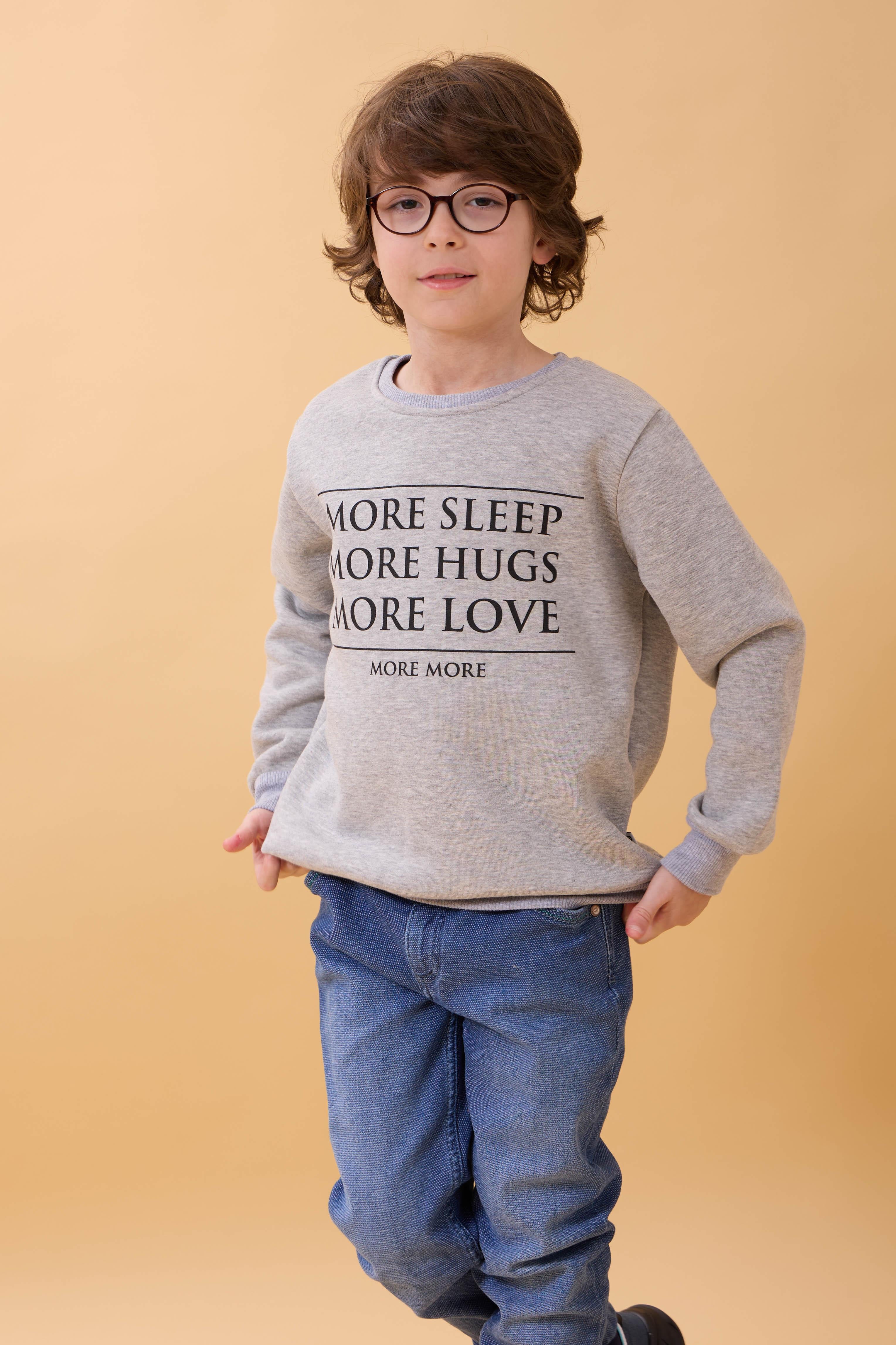 Unisex Çocuk Bisiklet Yaka Baskı Detaylı İçi Polarlı Sweatshirt – Gri Melanj