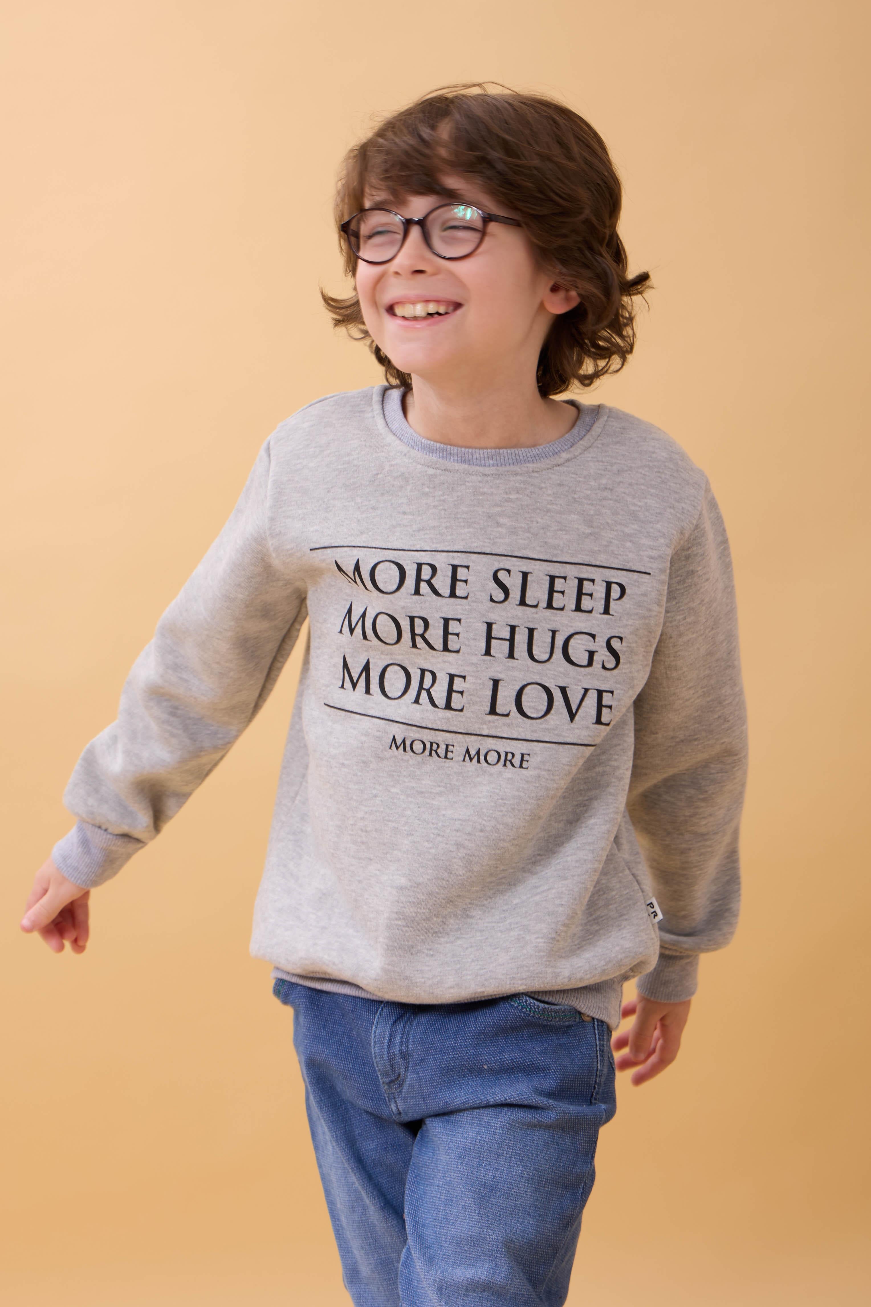 Unisex Çocuk Bisiklet Yaka Baskı Detaylı İçi Polarlı Sweatshirt – Gri Melanj