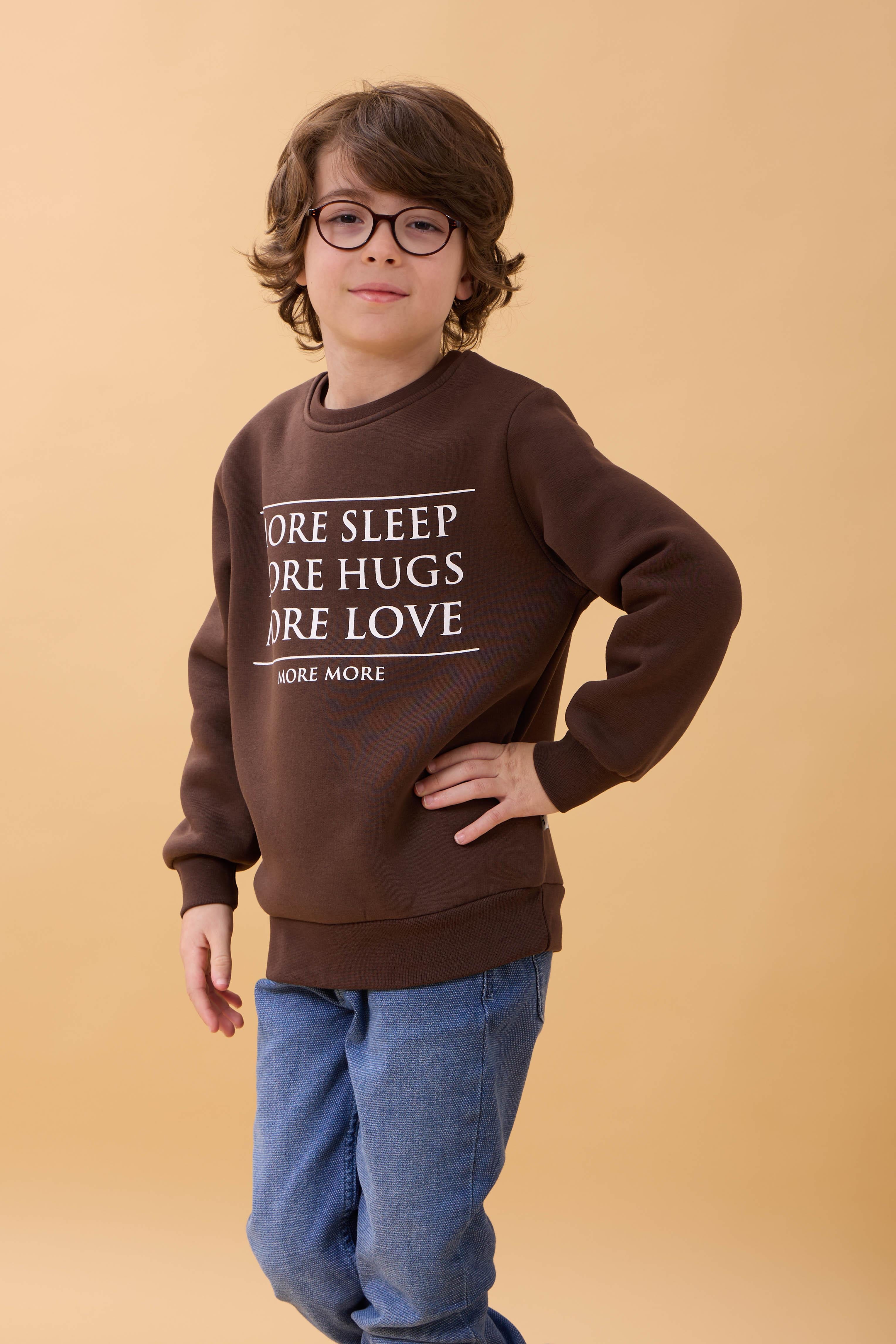 Unisex Çocuk Bisiklet Yaka Baskı Detaylı İçi Polarlı Sweatshirt – Kahverengi