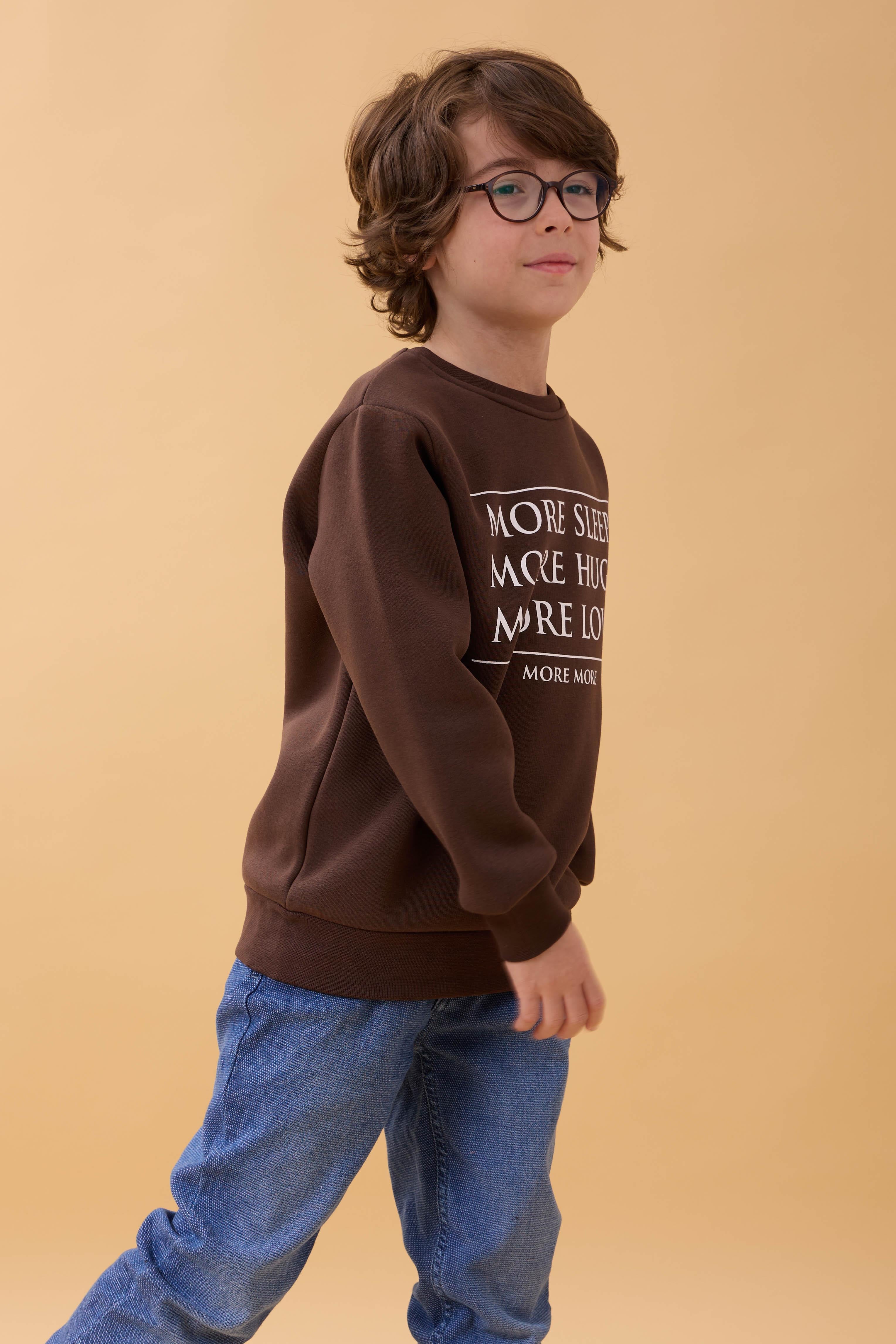 Unisex Çocuk Bisiklet Yaka Baskı Detaylı İçi Polarlı Sweatshirt – Kahverengi