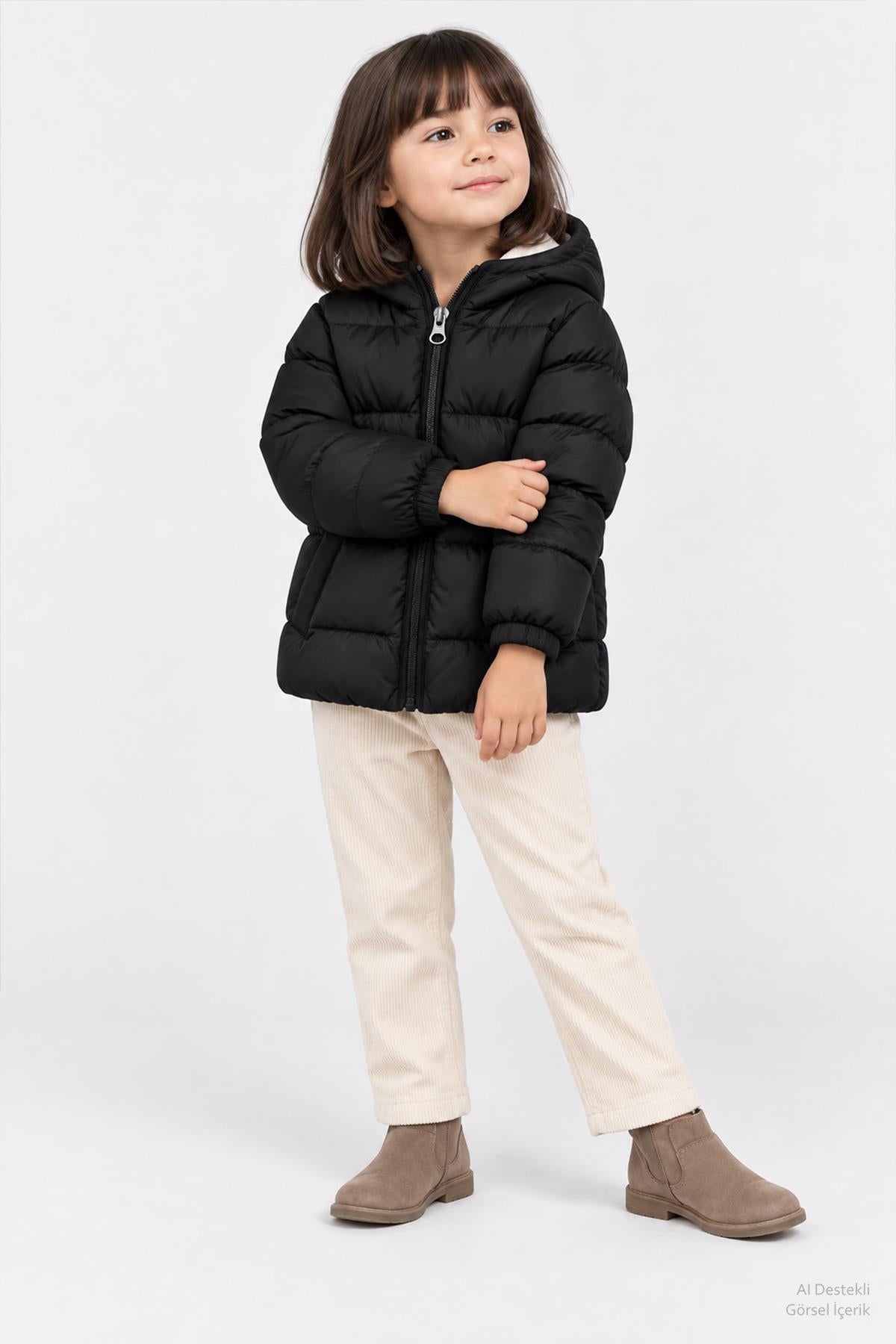 Unisex Çocuk İçi Polarlı Kapüşonlu Şişme Mont
