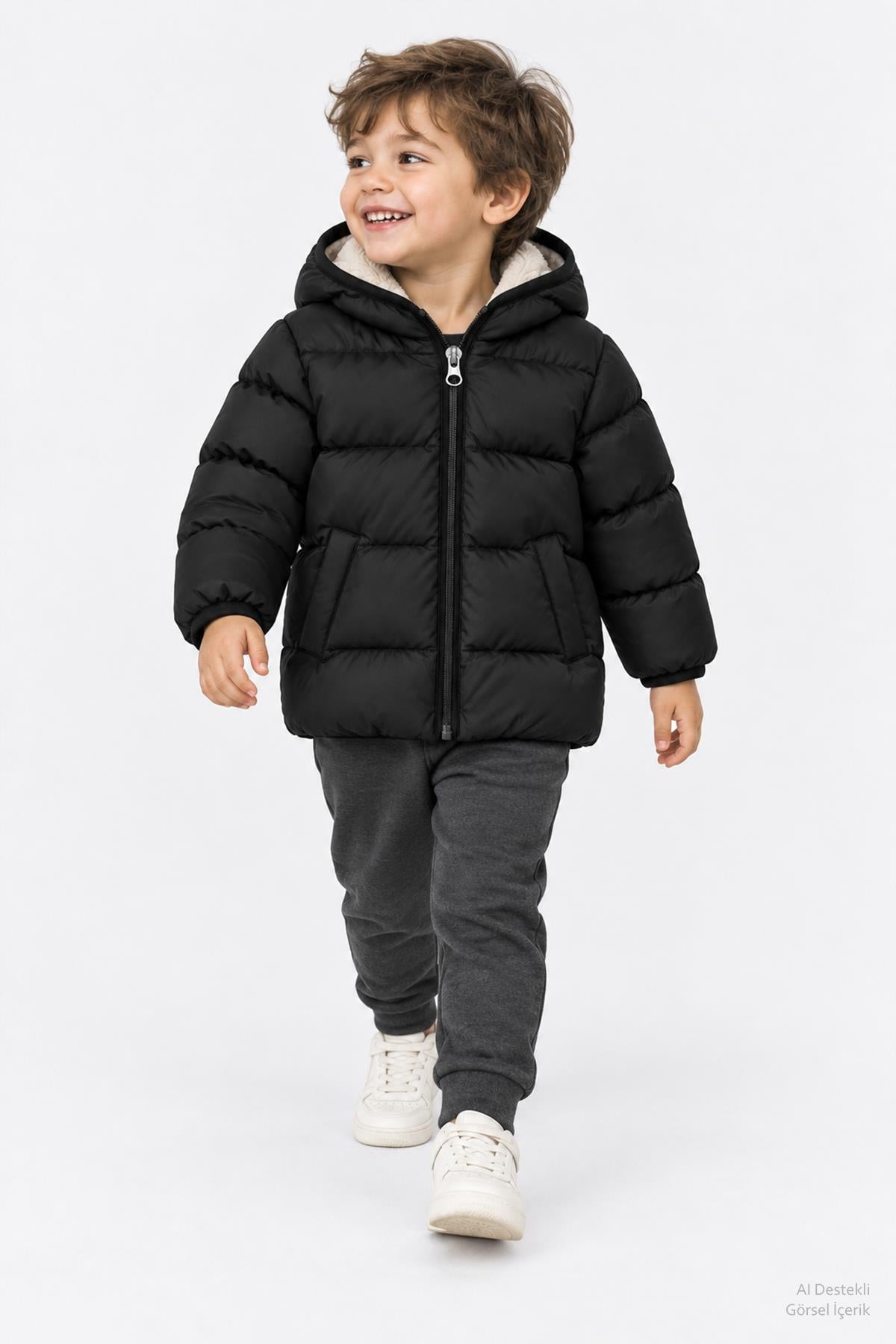 Unisex Çocuk İçi Polarlı Kapüşonlu Şişme Mont
