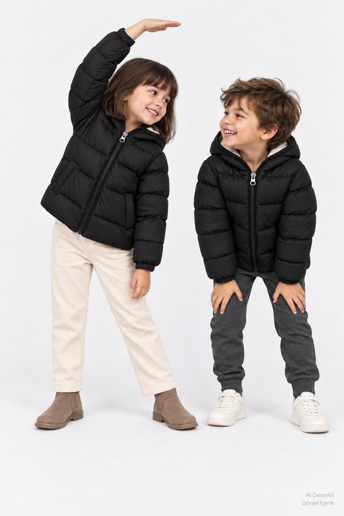 Unisex Çocuk İçi Polarlı Kapüşonlu Şişme Mont