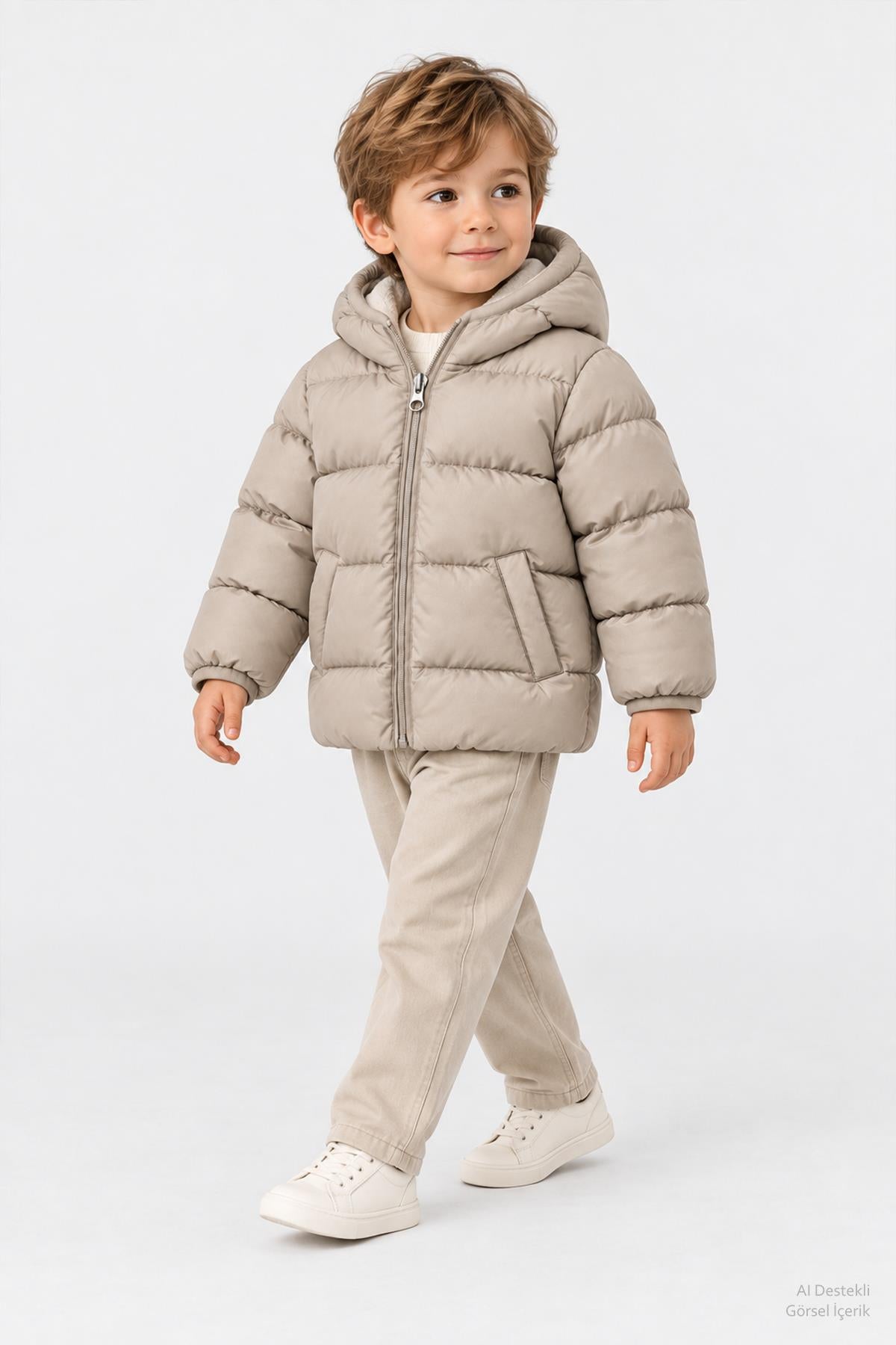 Unisex Çocuk İçi Polarlı Kapüşonlu Şişme Mont
