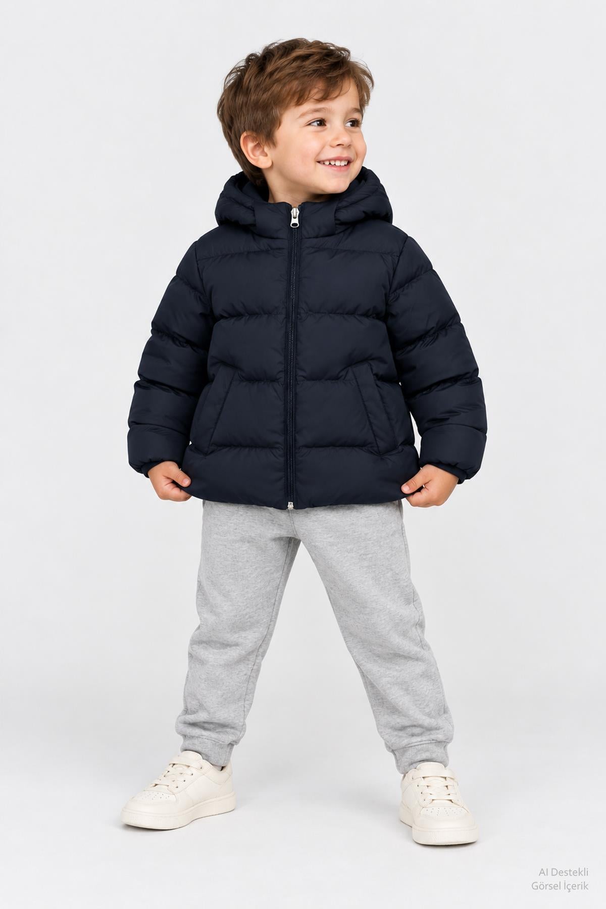Unisex Çocuk İçi Polarlı Kapüşonlu Şişme Mont