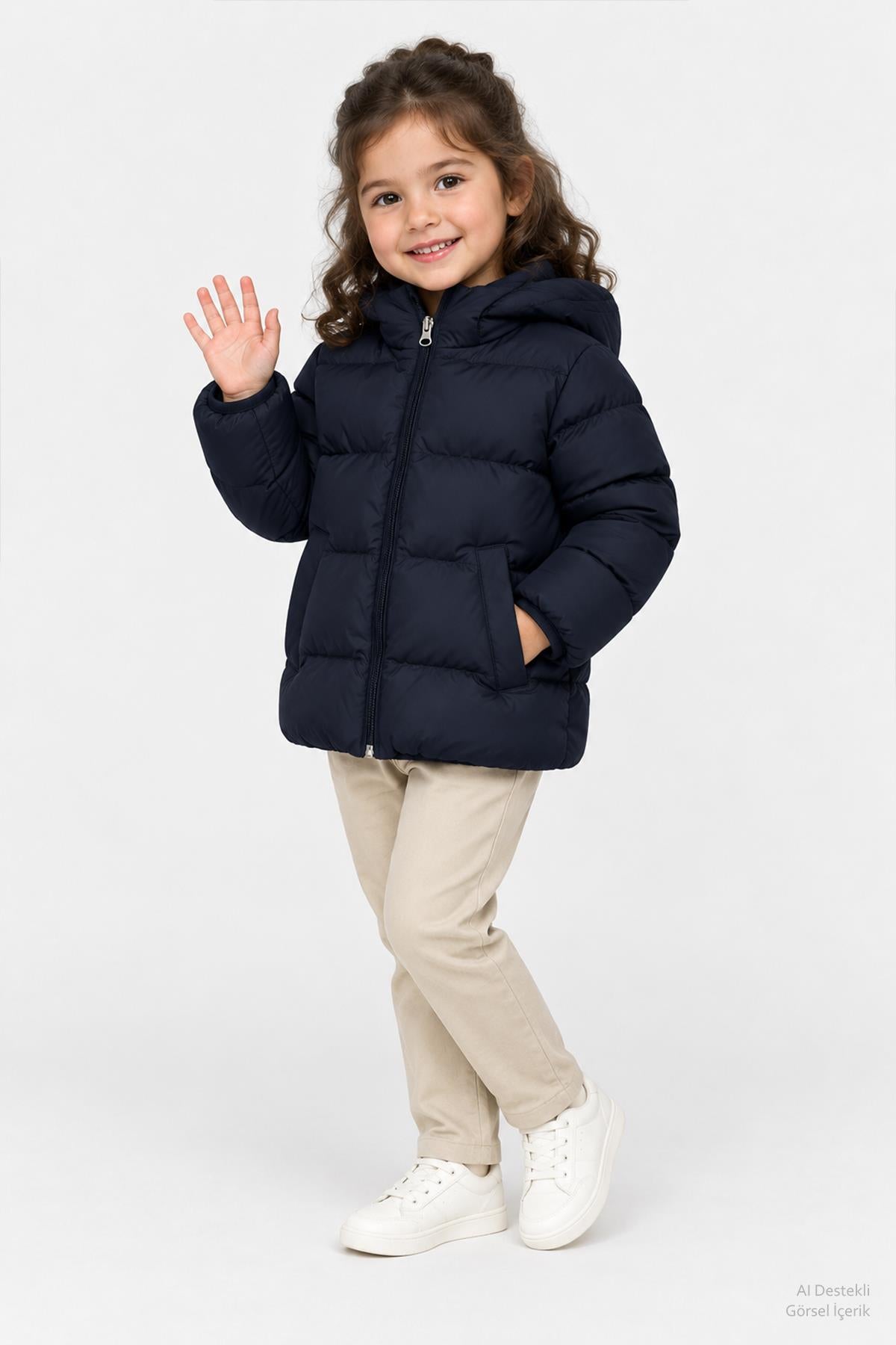 Unisex Çocuk İçi Polarlı Kapüşonlu Şişme Mont