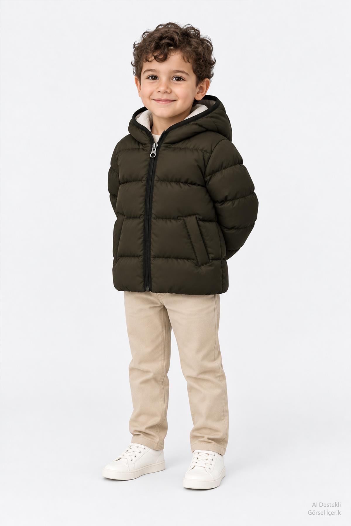 Unisex Çocuk İçi Polarlı Kapüşonlu Şişme Mont