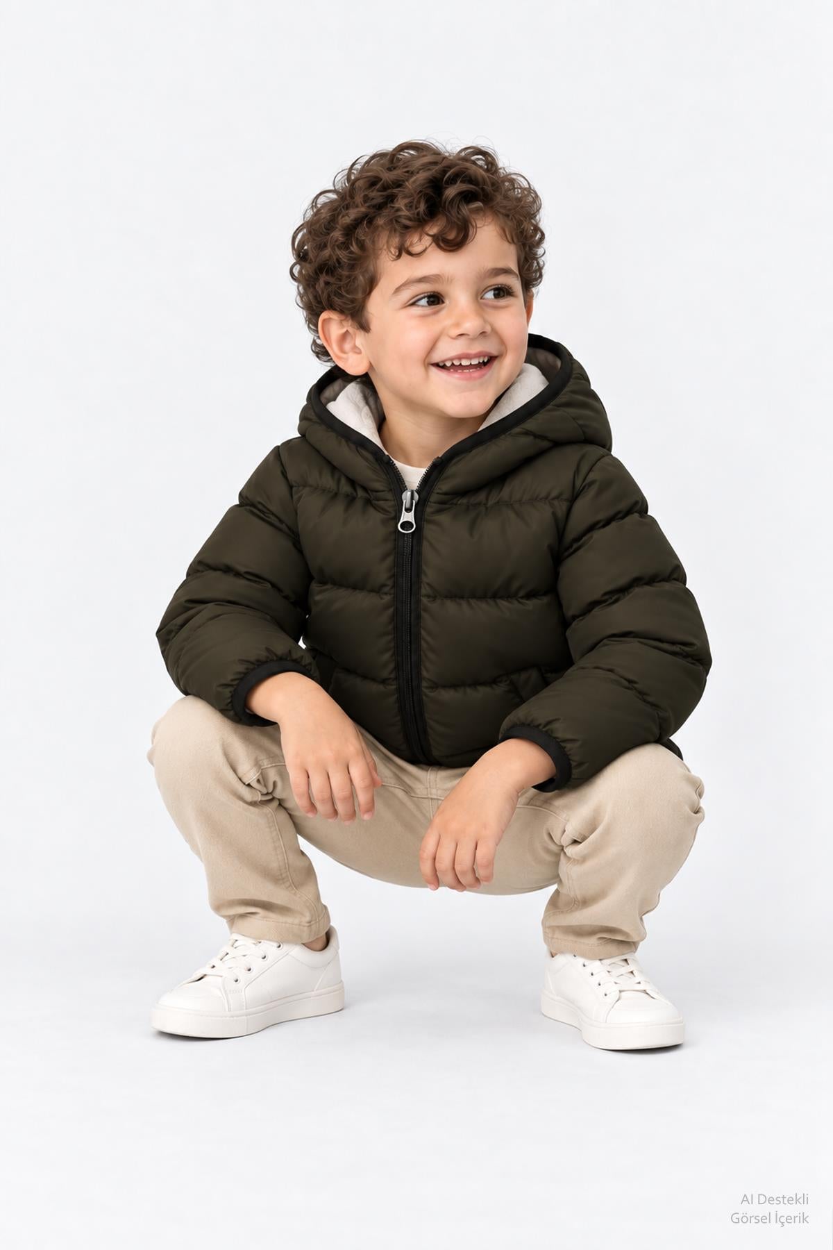 Unisex Çocuk İçi Polarlı Kapüşonlu Şişme Mont