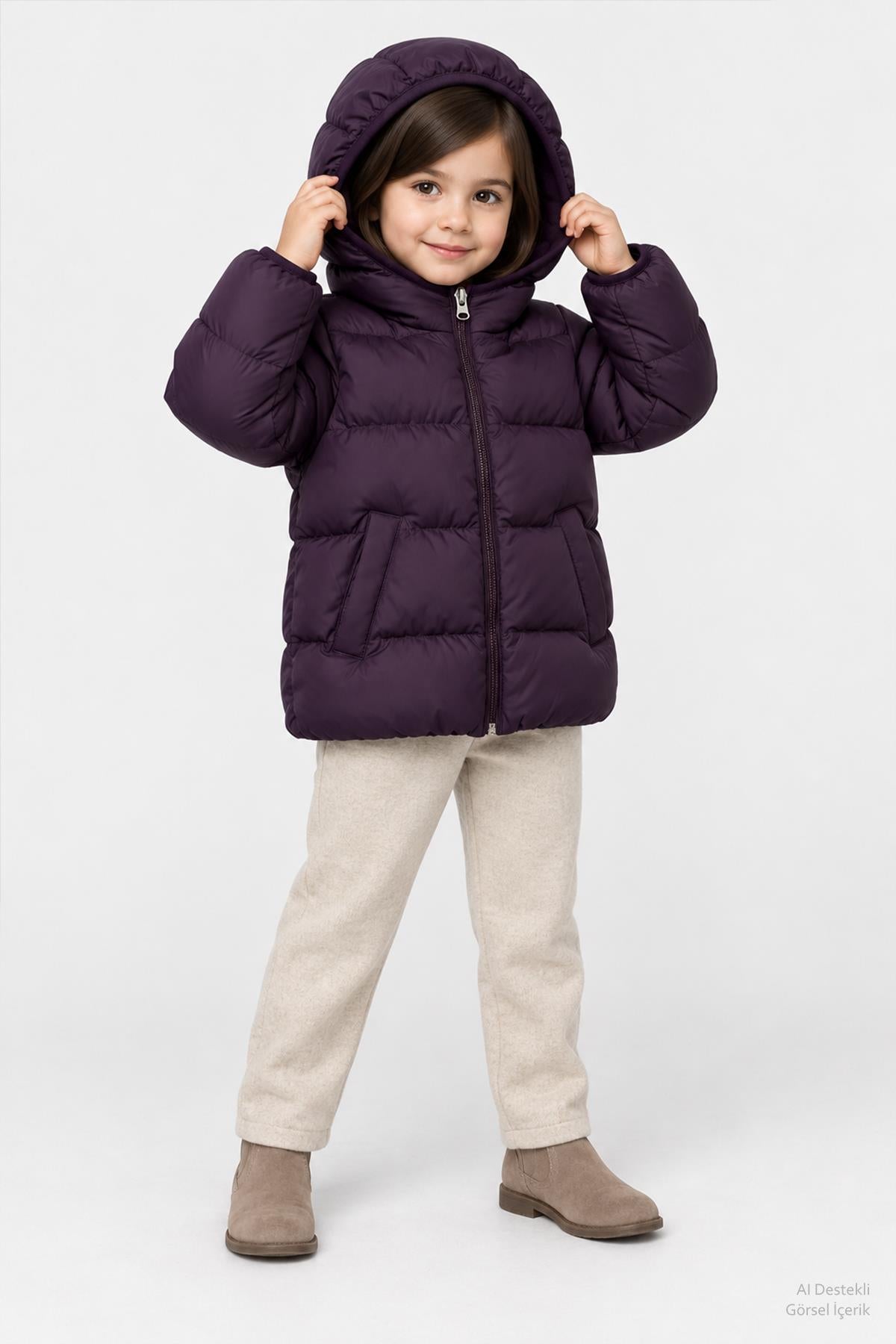 Unisex Çocuk İçi Polarlı Kapüşonlu Şişme Mont