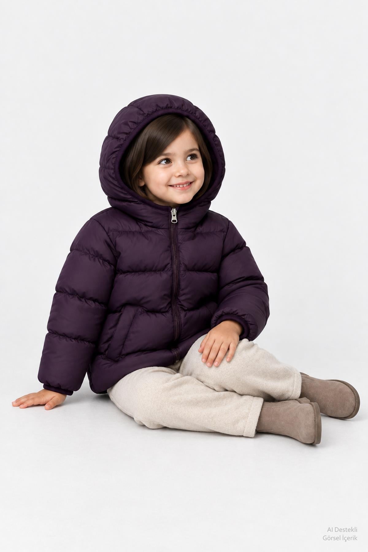 Unisex Çocuk İçi Polarlı Kapüşonlu Şişme Mont