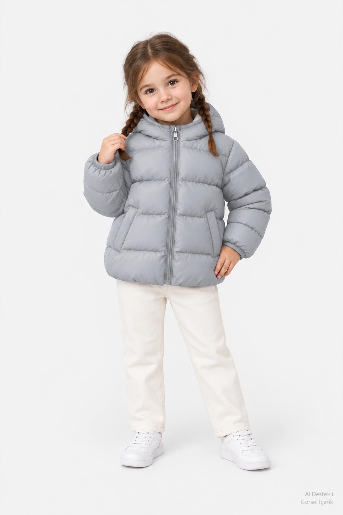 Unisex Çocuk İçi Polarlı Kapüşonlu Şişme Mont