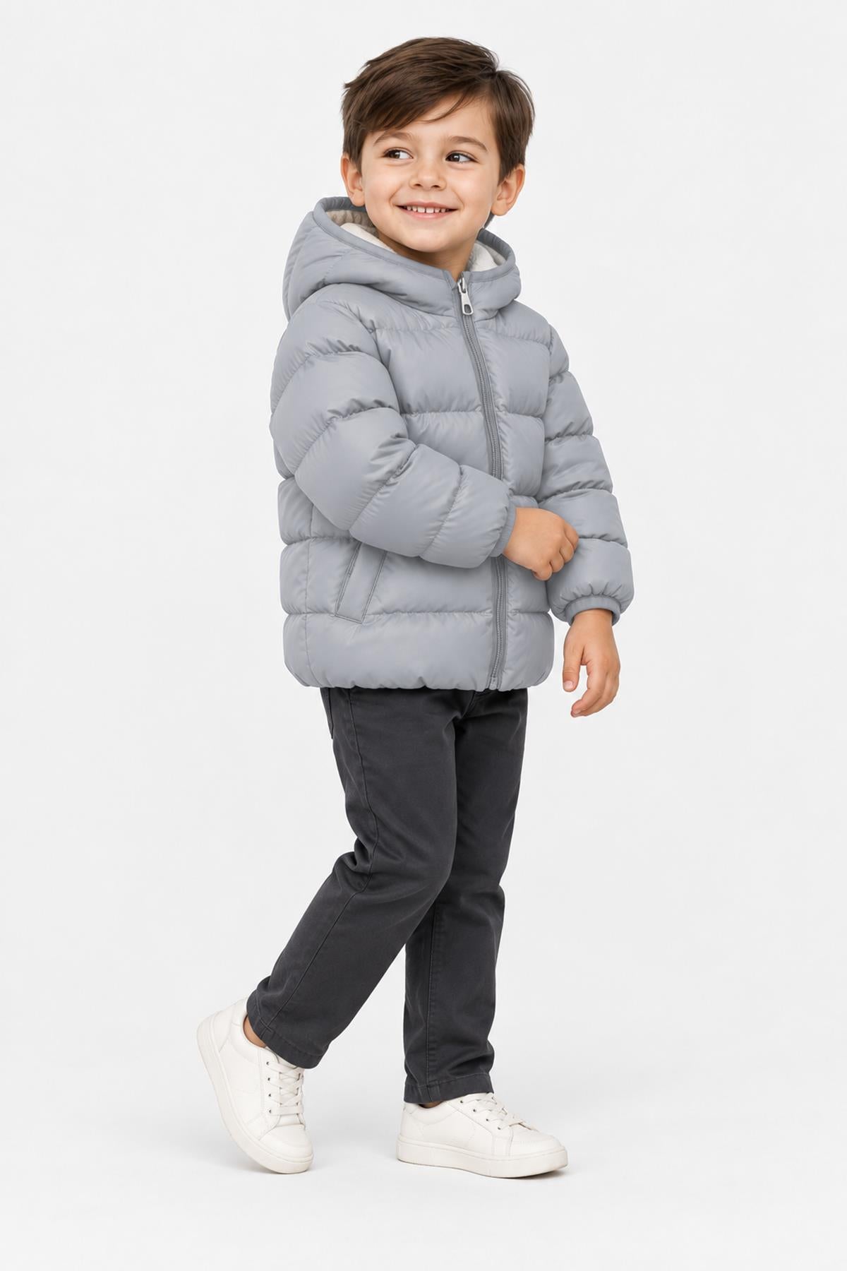 Unisex Çocuk İçi Polarlı Kapüşonlu Şişme Mont