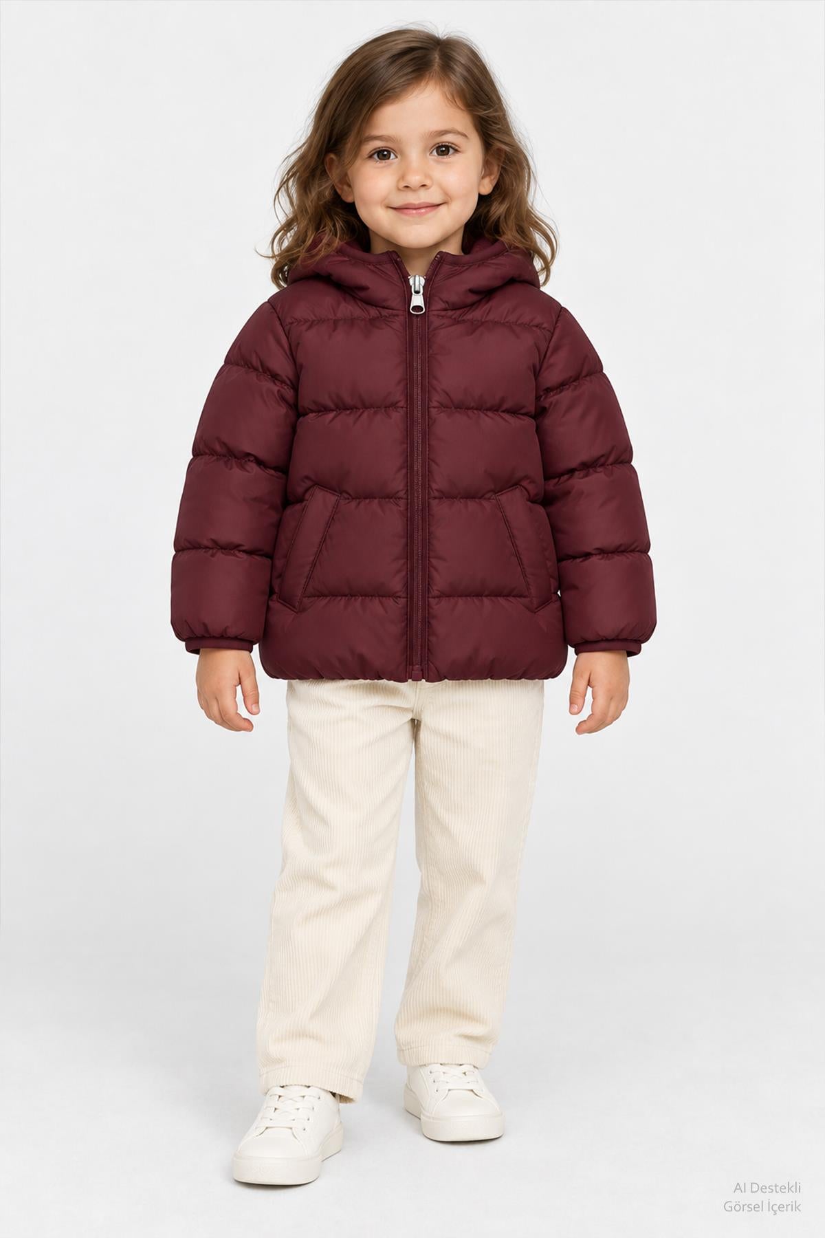 Unisex Çocuk İçi Polarlı Kapüşonlu Şişme Mont