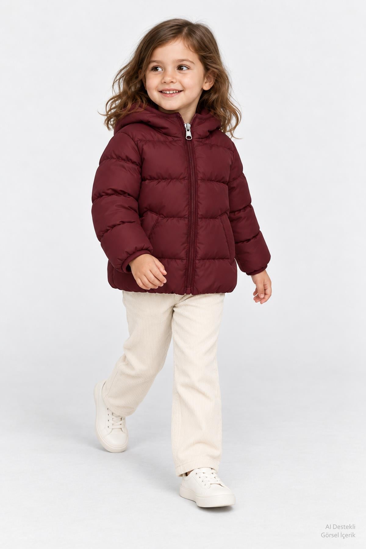 Unisex Çocuk İçi Polarlı Kapüşonlu Şişme Mont