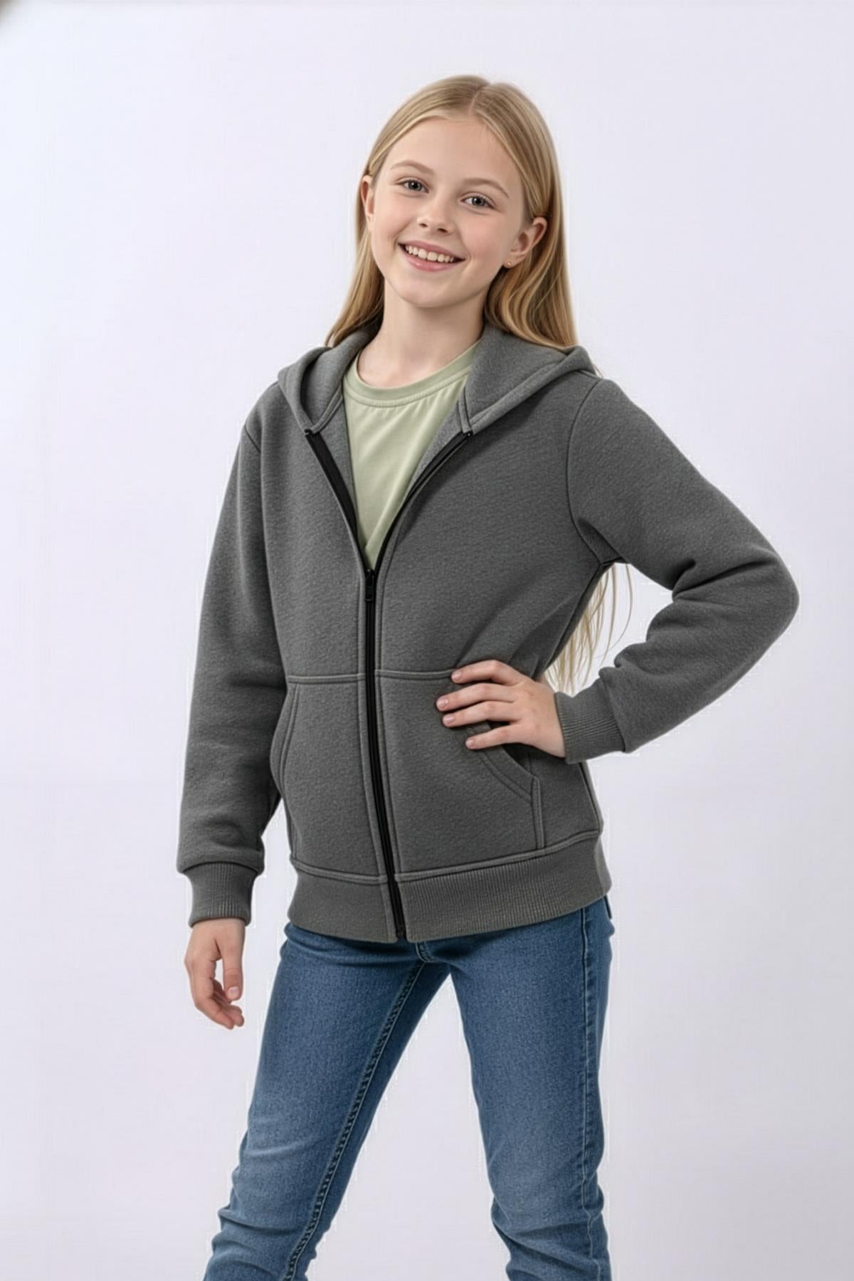 Unisex Çocuk Kapüşonlu Fermuarlı Hırka – Antrasit Rahat ve Şık Günlük Üst