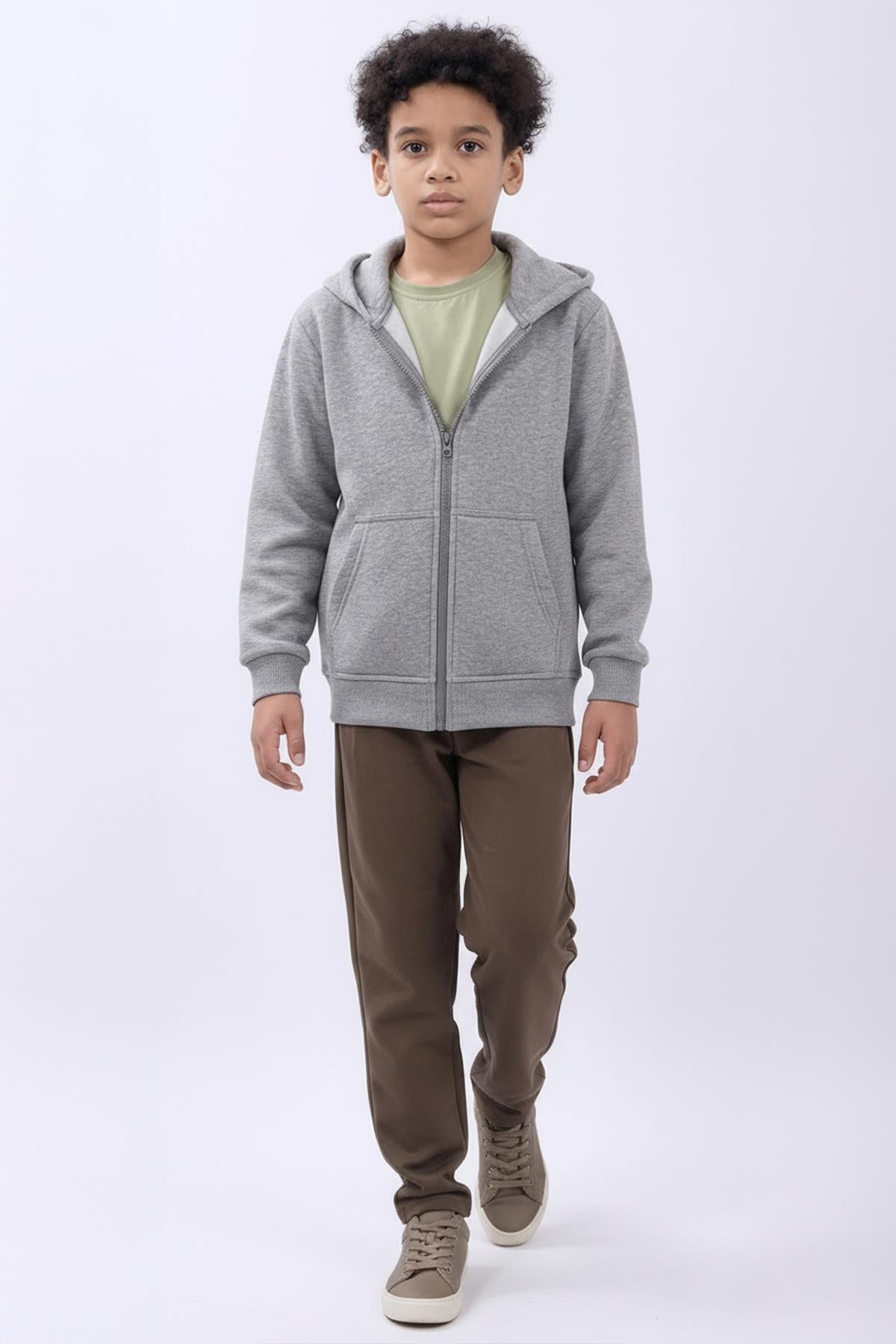 Unisex Çocuk Kapüşonlu Fermuarlı Hırka – Gri Melanj Rahat ve Şık Günlük Üst