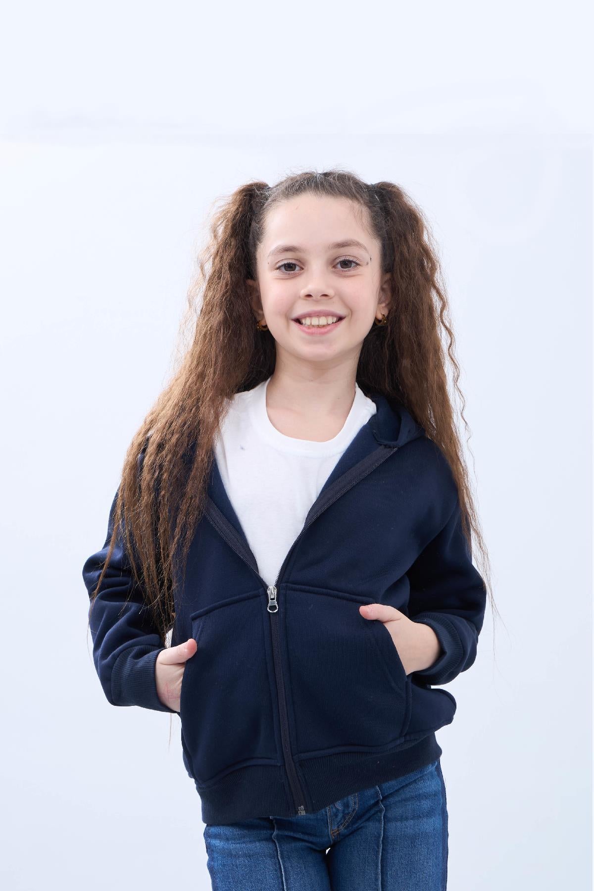 Unisex Çocuk Kapüşonlu Fermuarlı Hırka