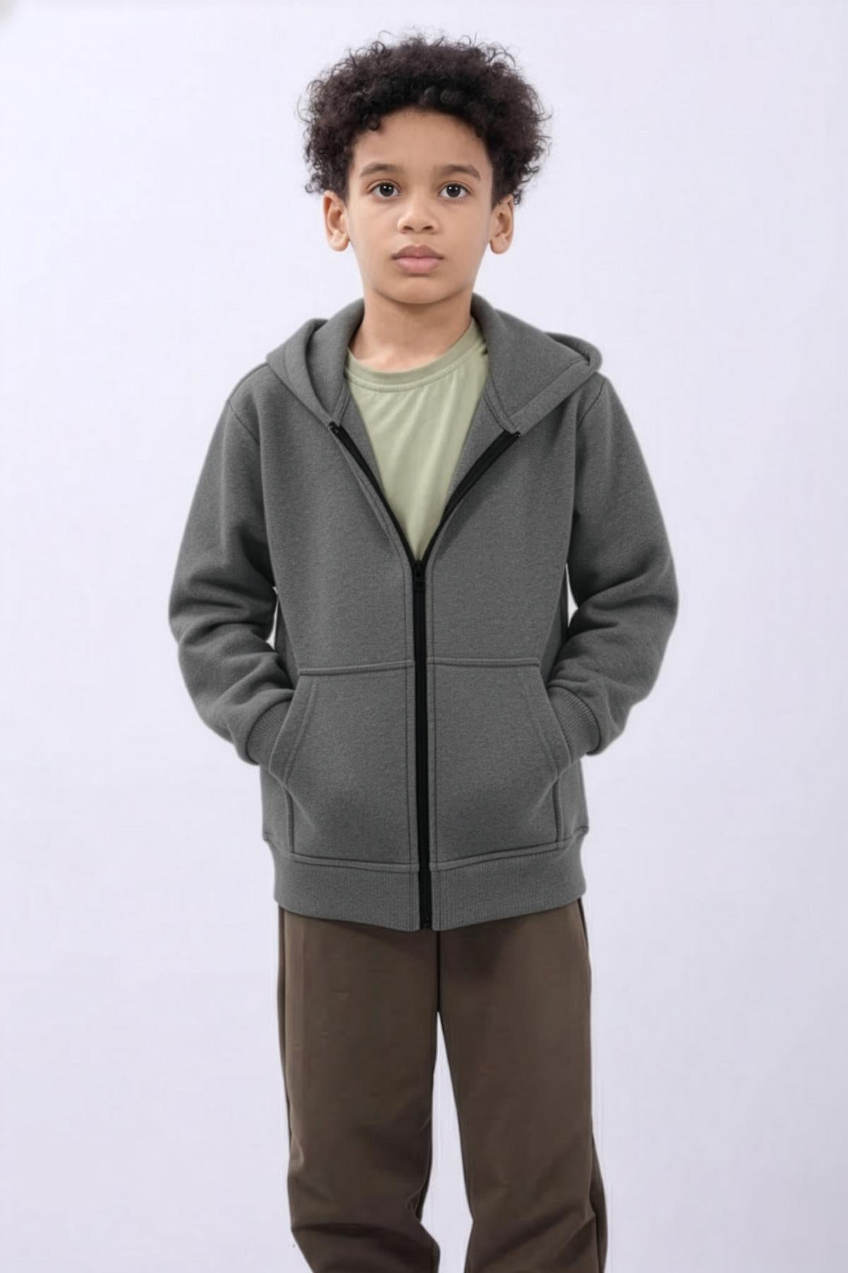 Unisex Çocuk Kapüşonlu Fermuarlı Hırka